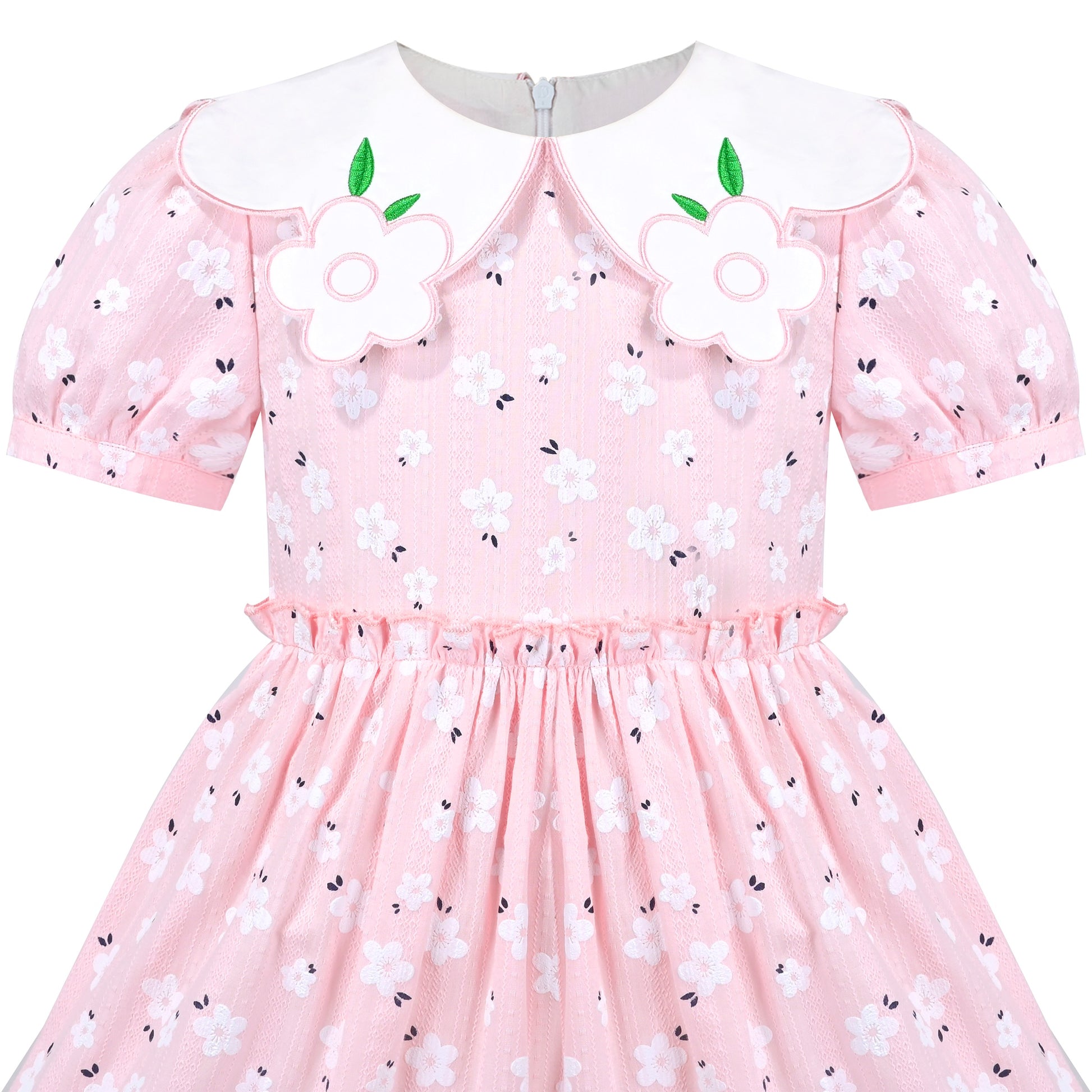 Girls Dress Floral Rose Collar Puff Sleeve Casual Summer Party Pink