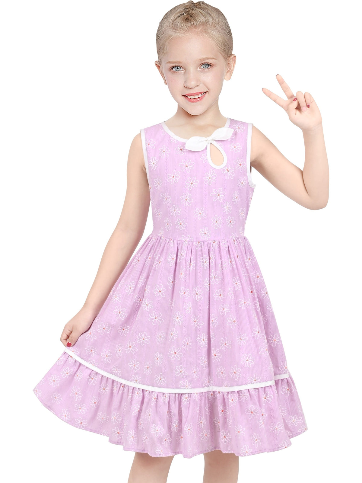 Girls Dress Blue Polka Dot Classic Vintage Holiday Sundress - Pink White Flower