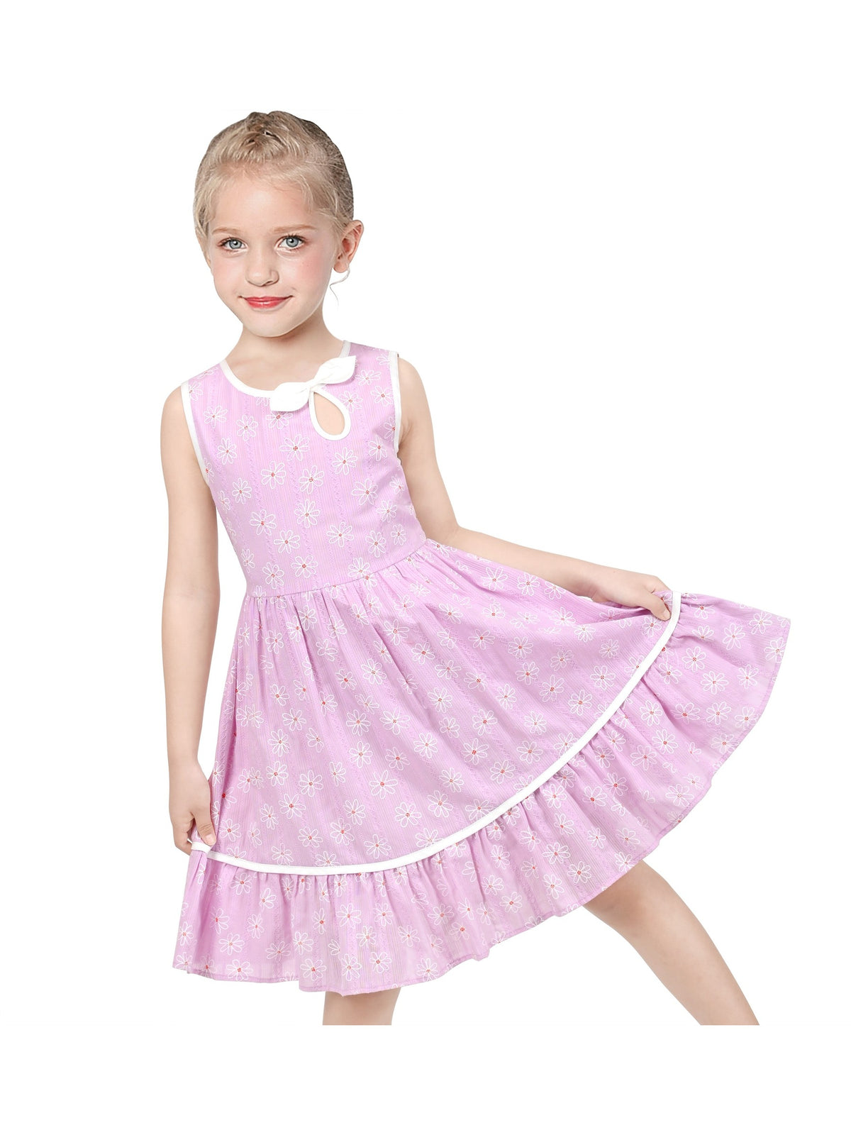 Girls Dress Blue Polka Dot Classic Vintage Holiday Sundress - Pink White Flower