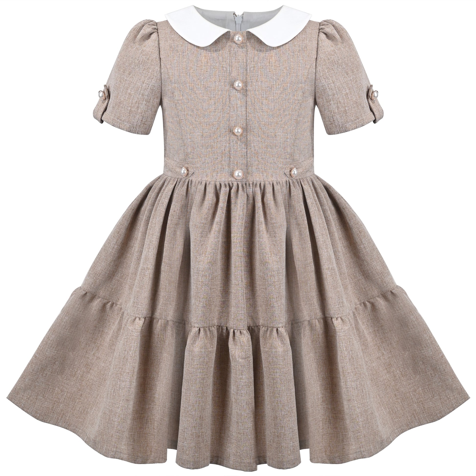 Girls Dress Purple Rainbow White Collar Short Sleeve Casual Birthday Brown
