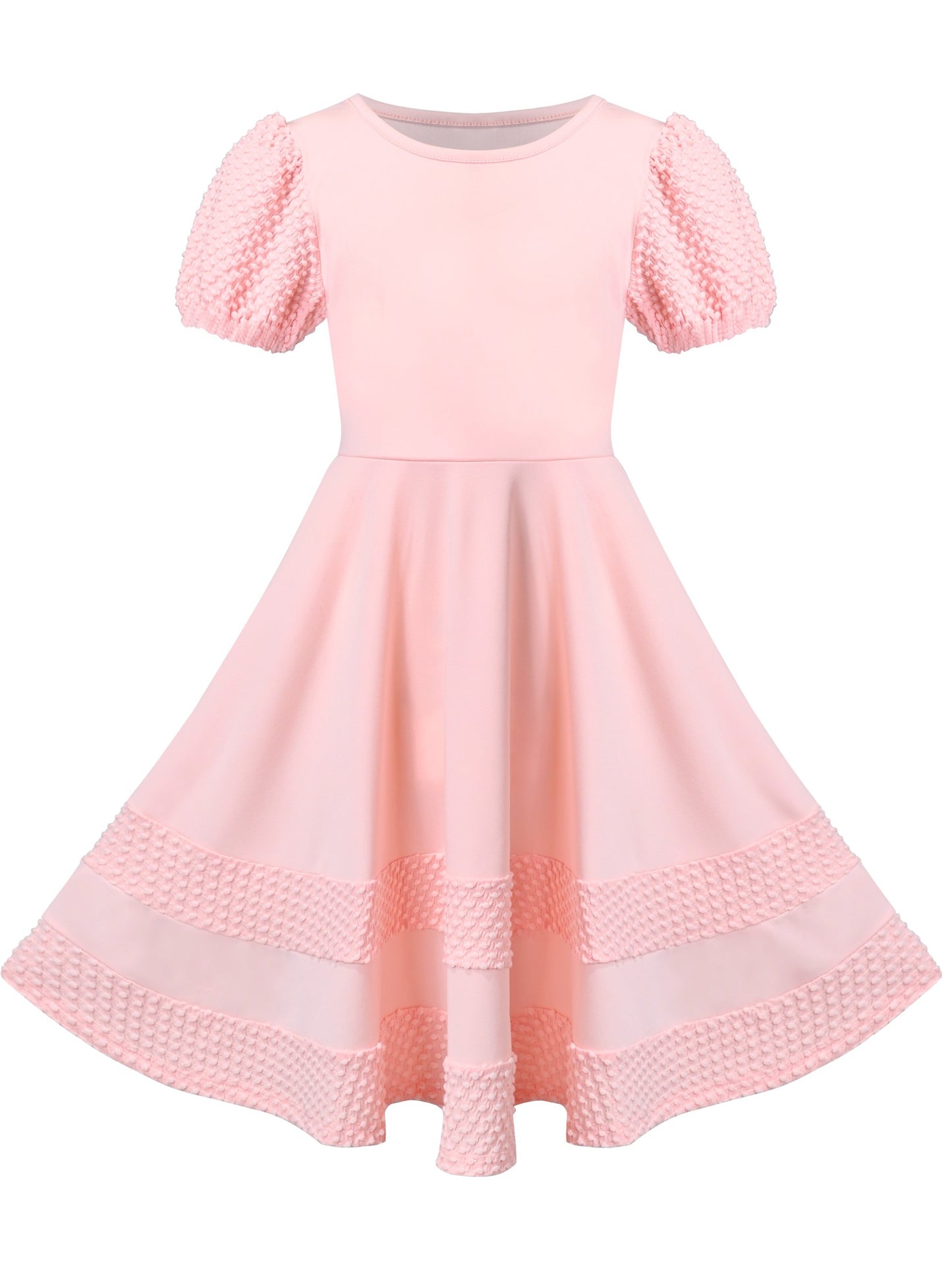 Girls Dress White Solid A-line Retro Puff Sleeve Casual Spring Summer Pink