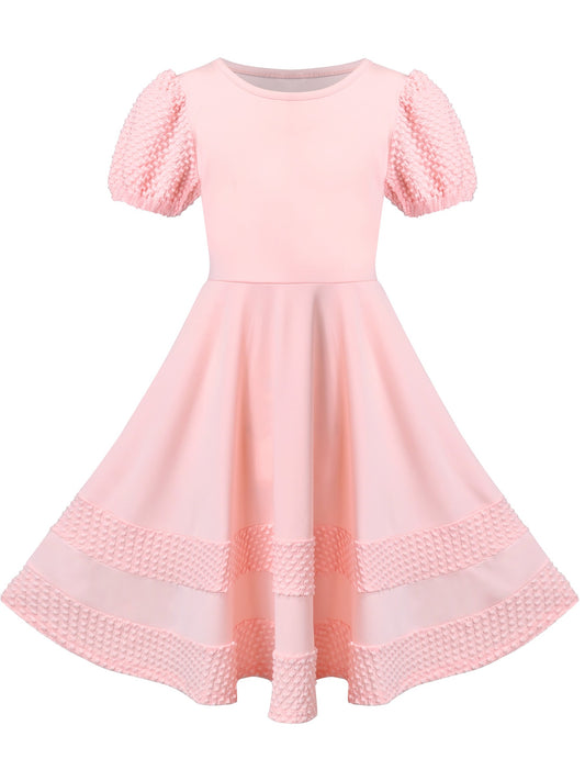 Girls Dress White Solid A-line Retro Puff Sleeve Casual Spring Summer Pink