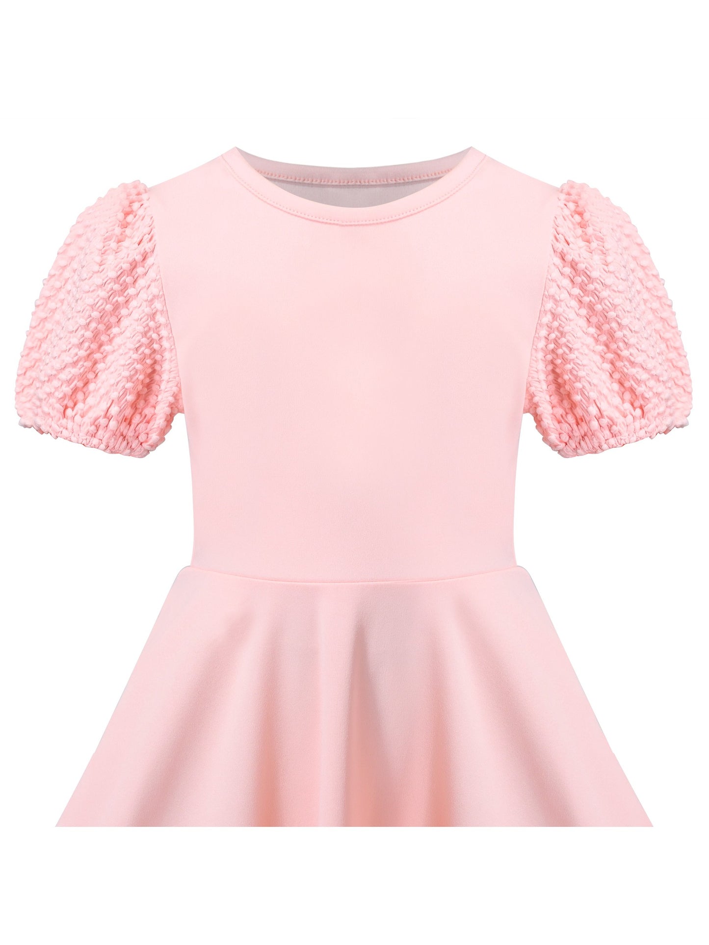 Girls Dress White Solid A-line Retro Puff Sleeve Casual Spring Summer Pink