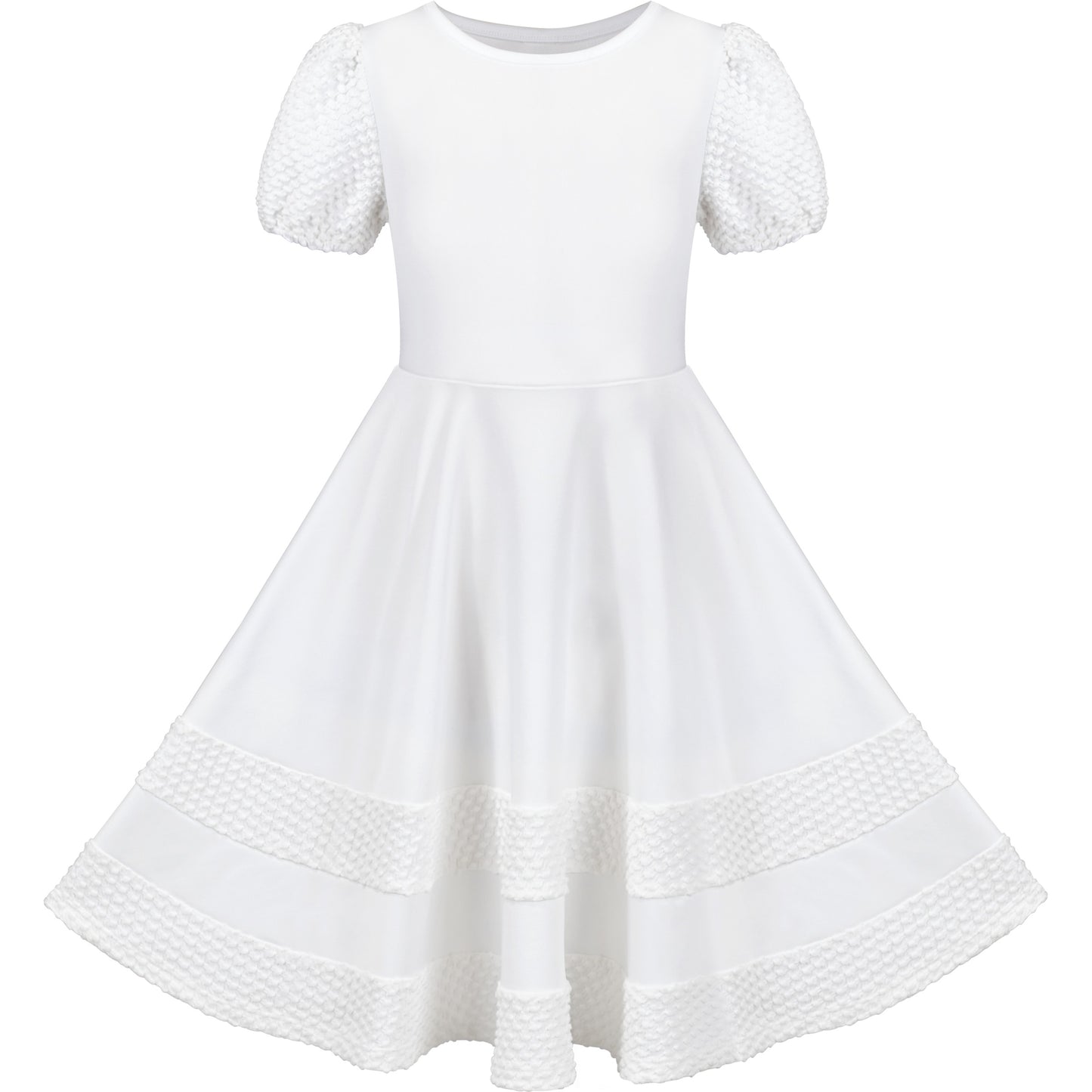 Girls Dress White Solid A-line Retro Puff Sleeve Casual Spring Summer White