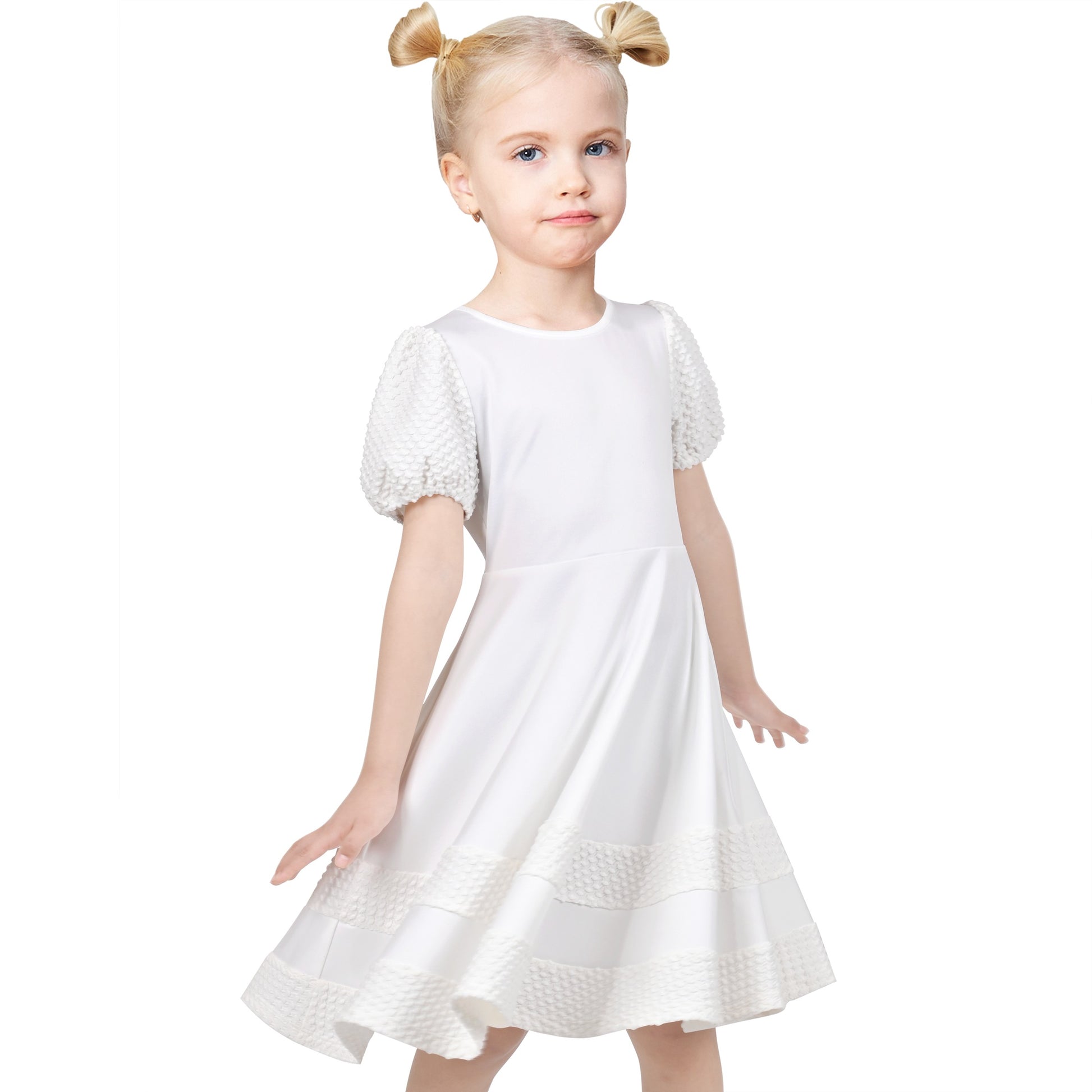 Girls Dress White Solid A-line Retro Puff Sleeve Casual Spring Summer White