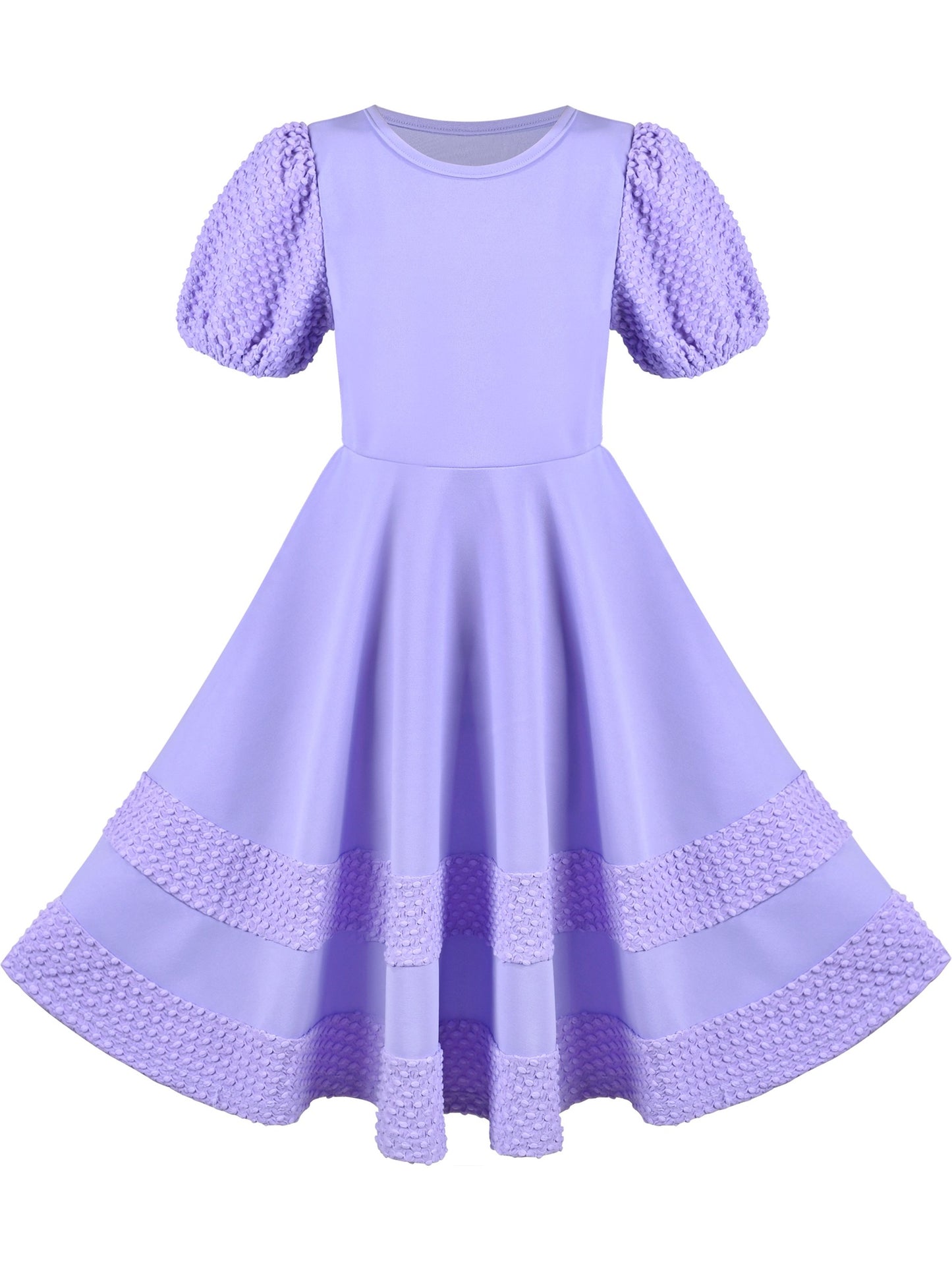 Girls Dress White Solid A-line Retro Puff Sleeve Casual Spring Summer Purple