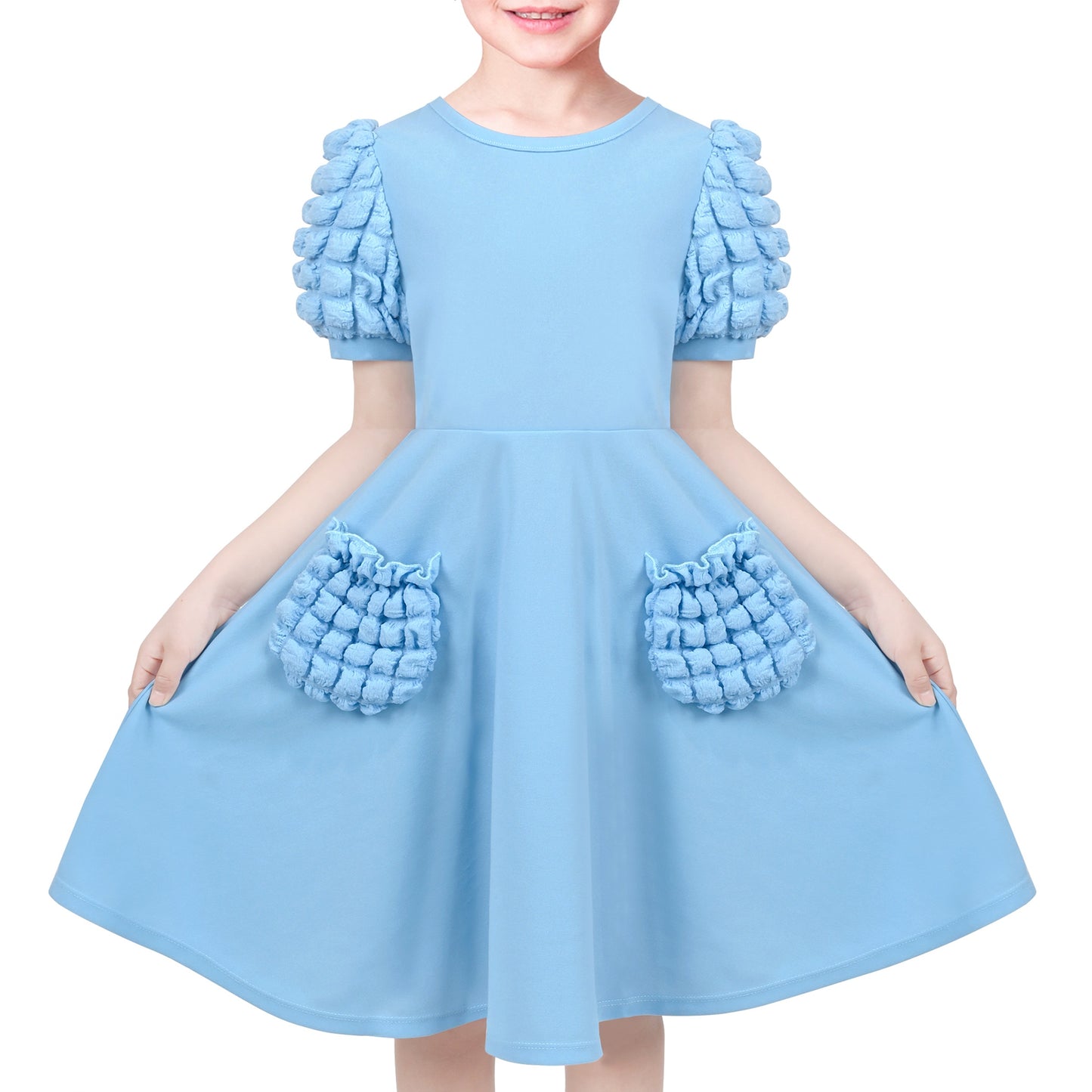 Girls Dress White Solid A-line Retro Puff Sleeve Casual Spring Summer Blue