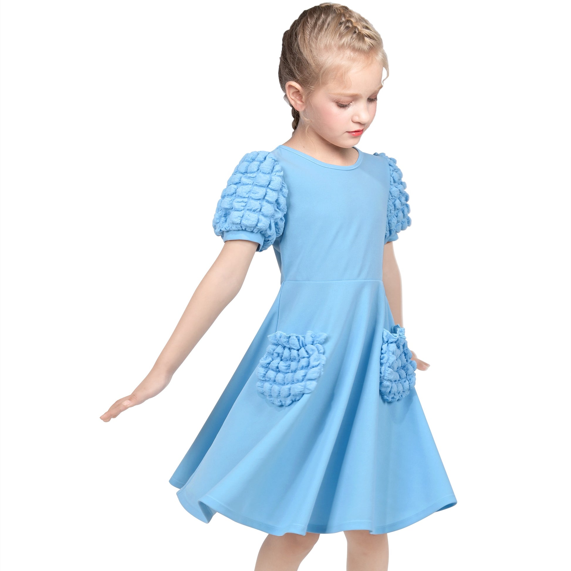 Girls Dress White Solid A-line Retro Puff Sleeve Casual Spring Summer Blue