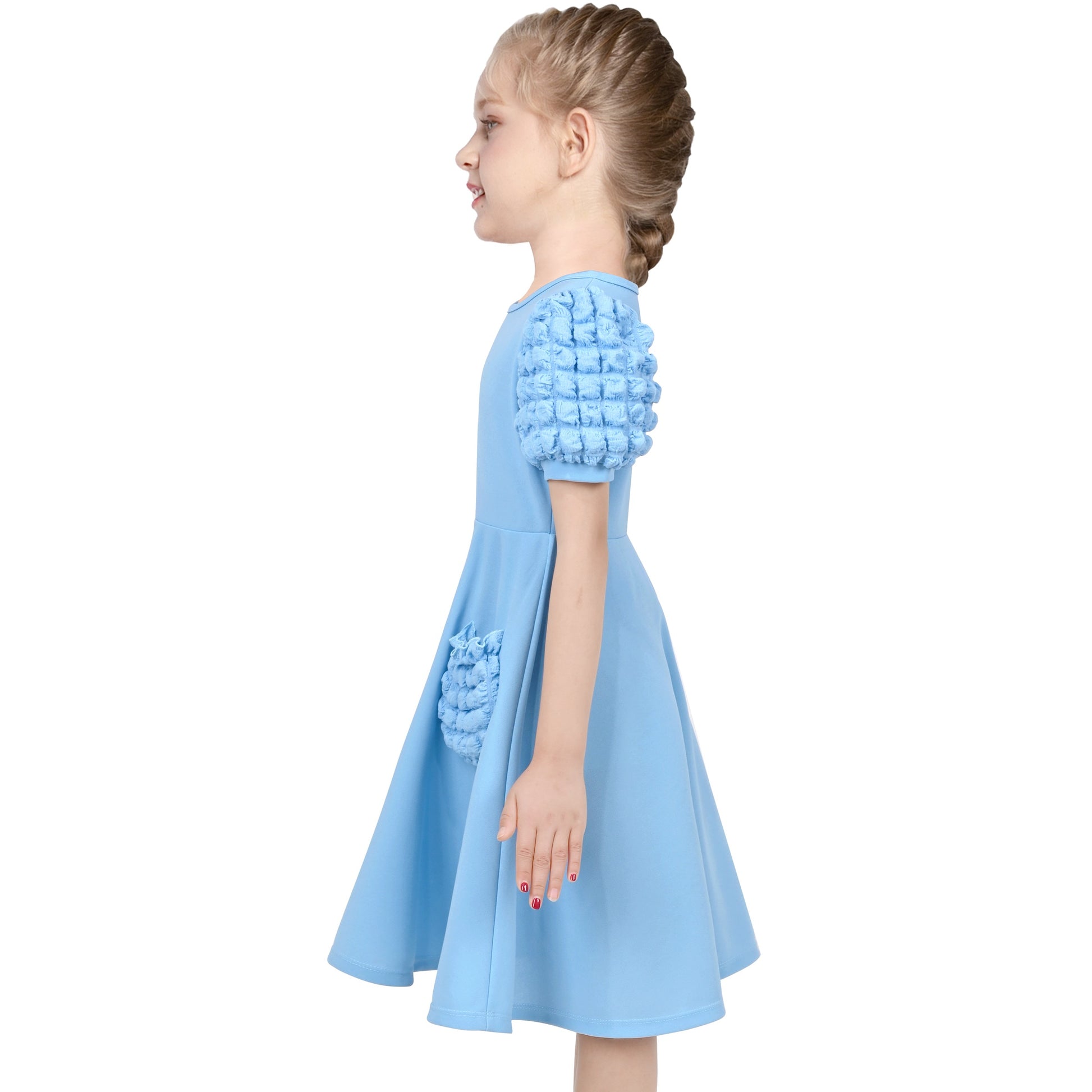 Girls Dress White Solid A-line Retro Puff Sleeve Casual Spring Summer Blue