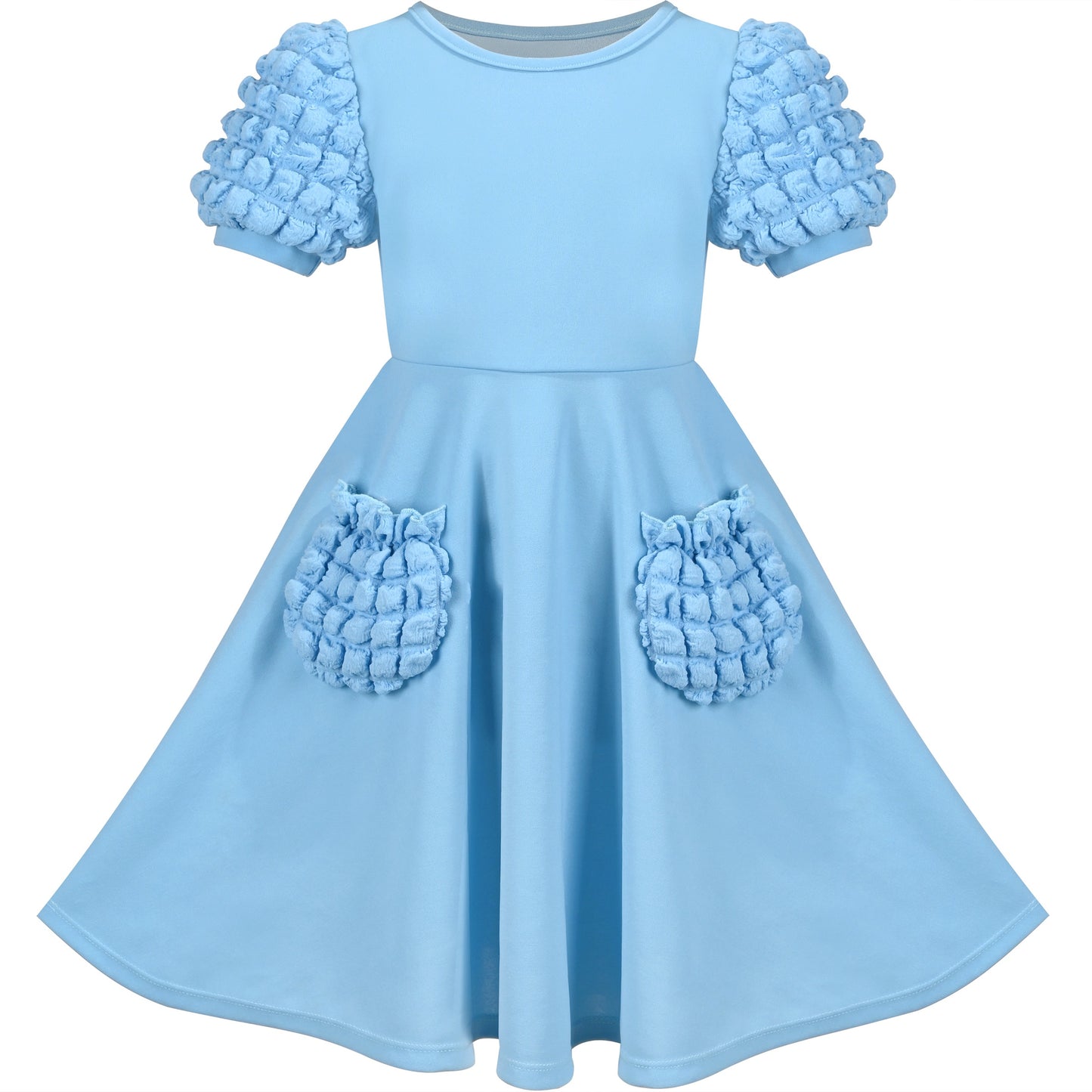 Girls Dress White Solid A-line Retro Puff Sleeve Casual Spring Summer Blue