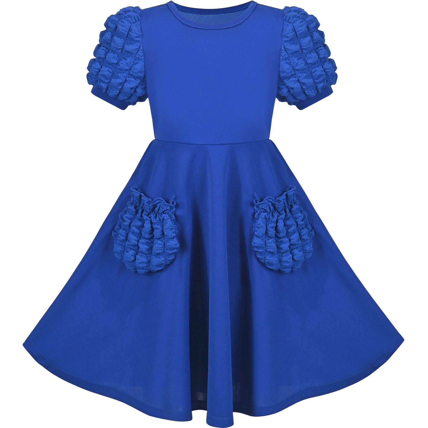 Girls Dress White Solid A-line Retro Puff Sleeve Casual Spring Summer Blue