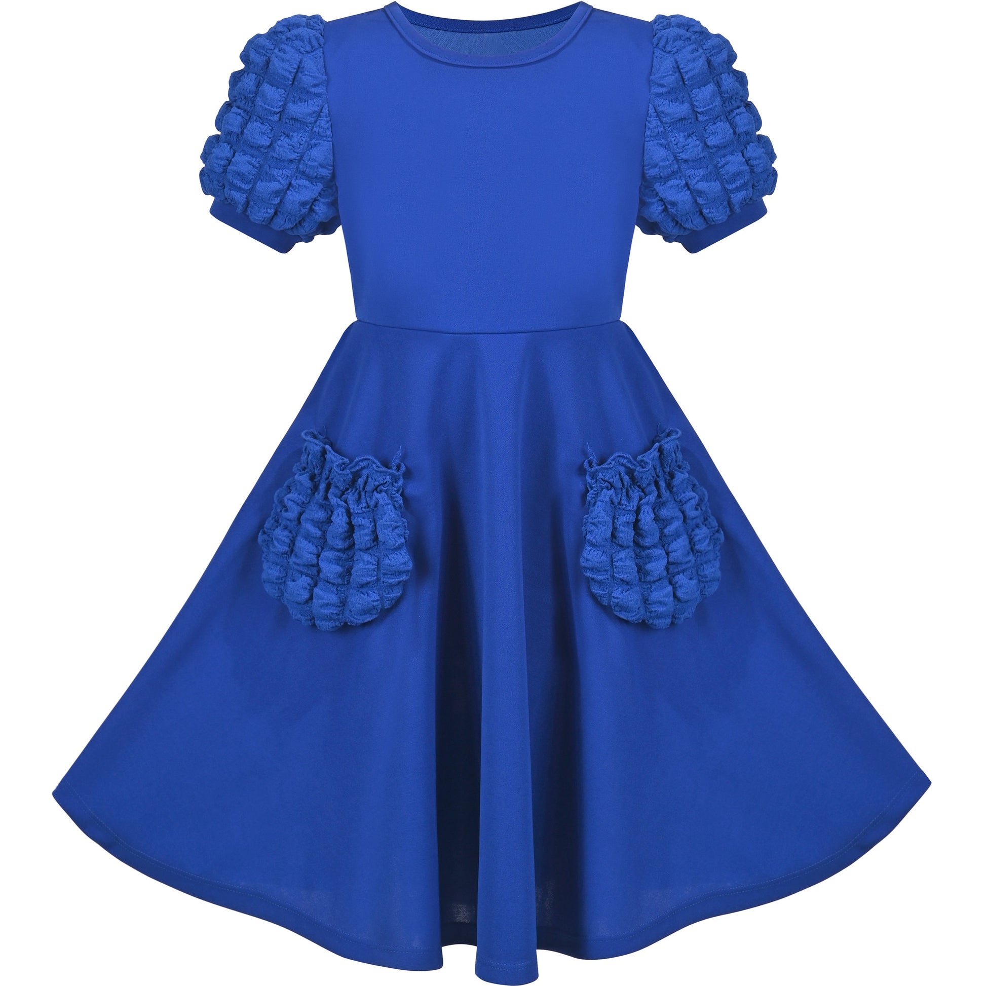 Girls Dress White Solid A-line Retro Puff Sleeve Casual Spring Summer Blue