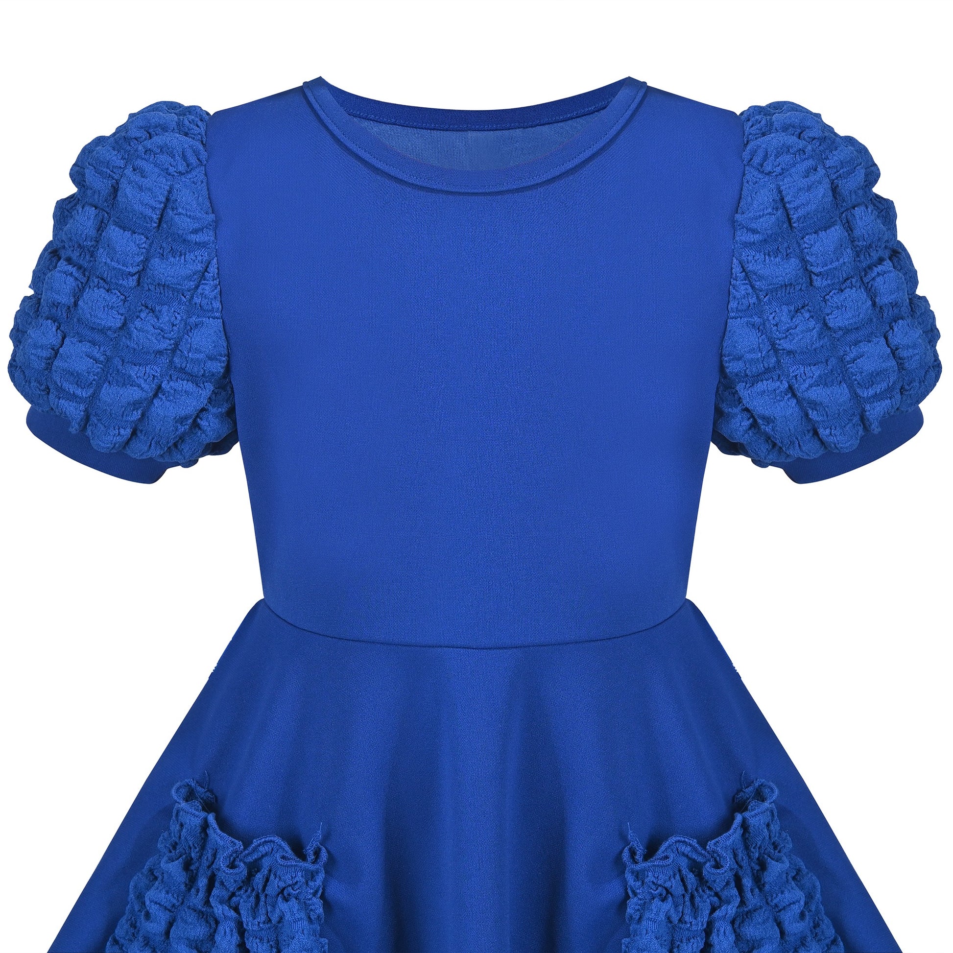 Girls Dress White Solid A-line Retro Puff Sleeve Casual Spring Summer Blue