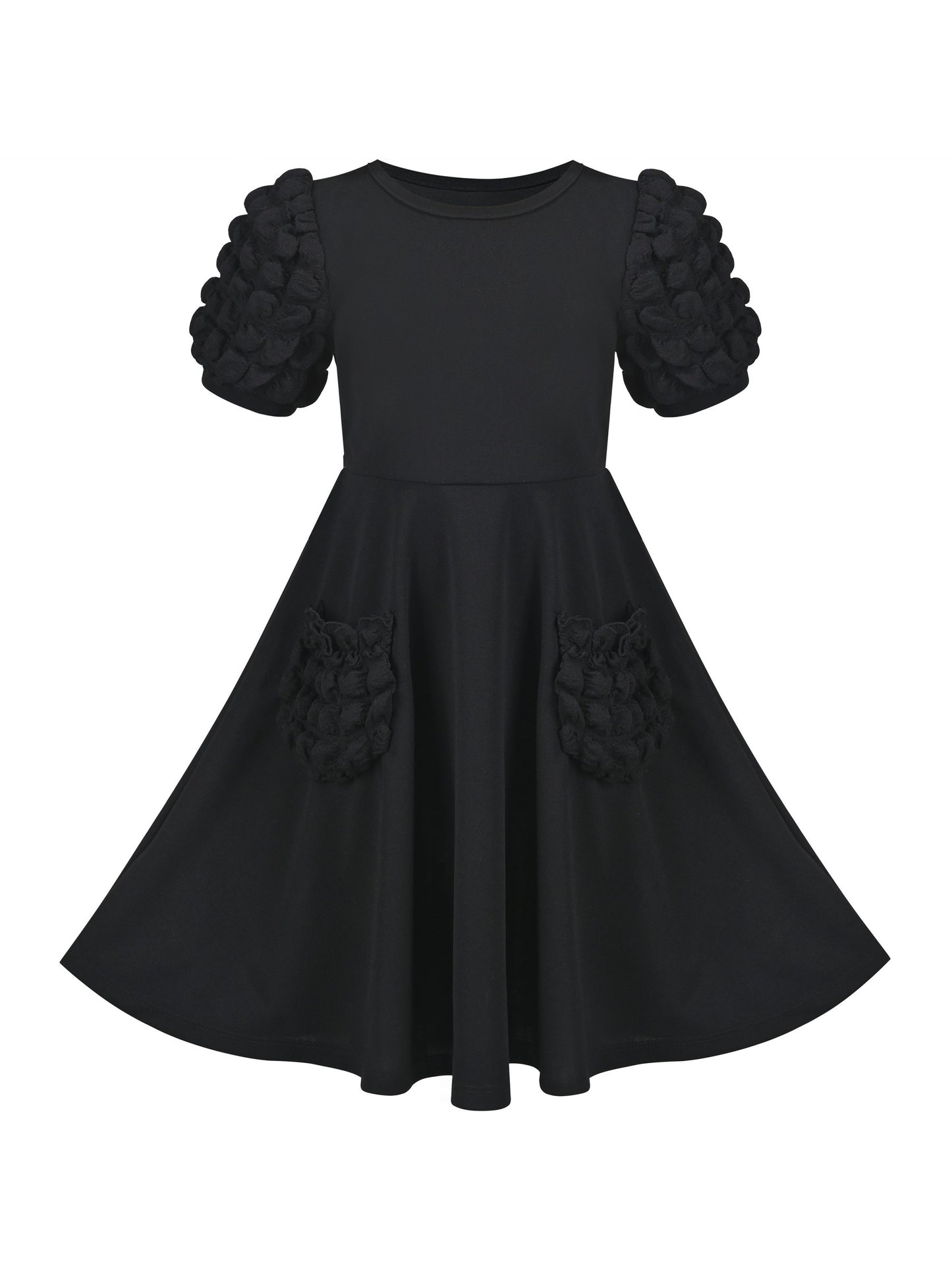 Girls Dress White Solid A-line Retro Puff Sleeve Casual Spring Summer Black