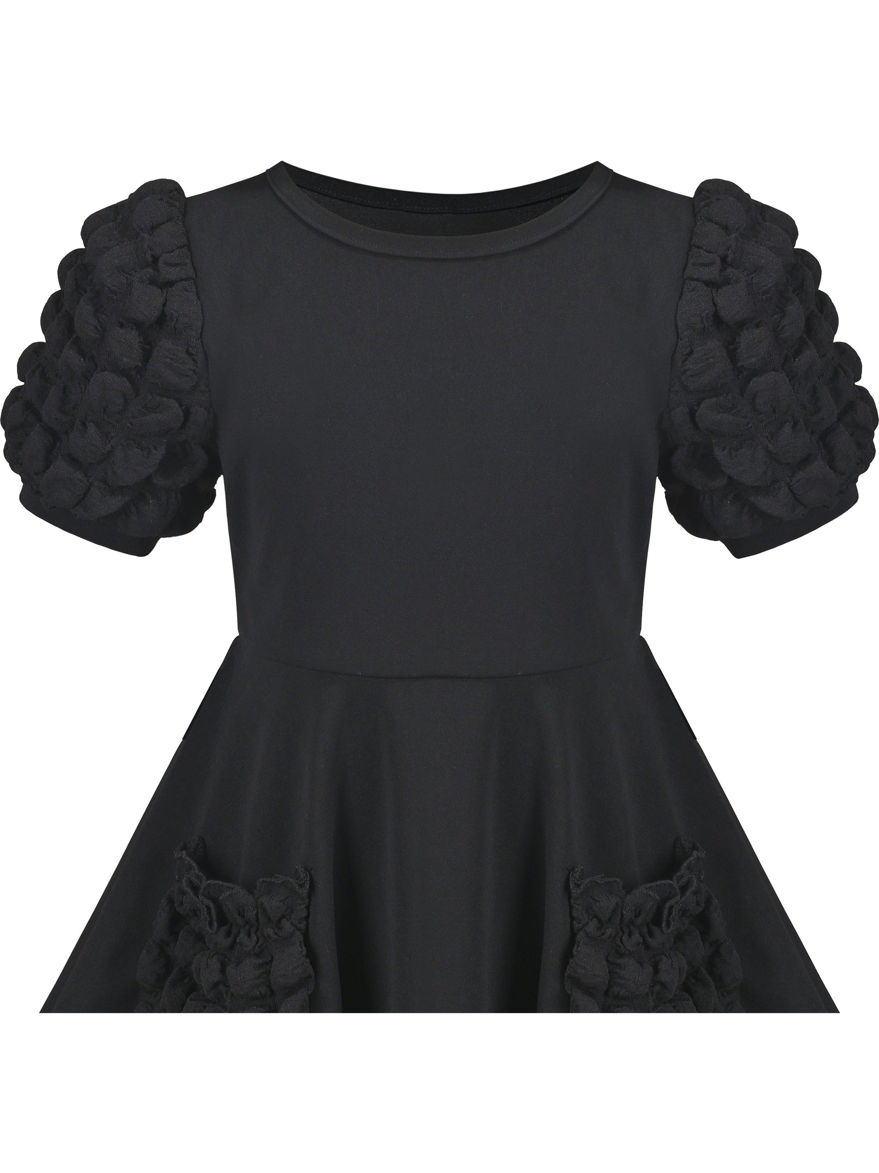 Girls Dress White Solid A-line Retro Puff Sleeve Casual Spring Summer Black