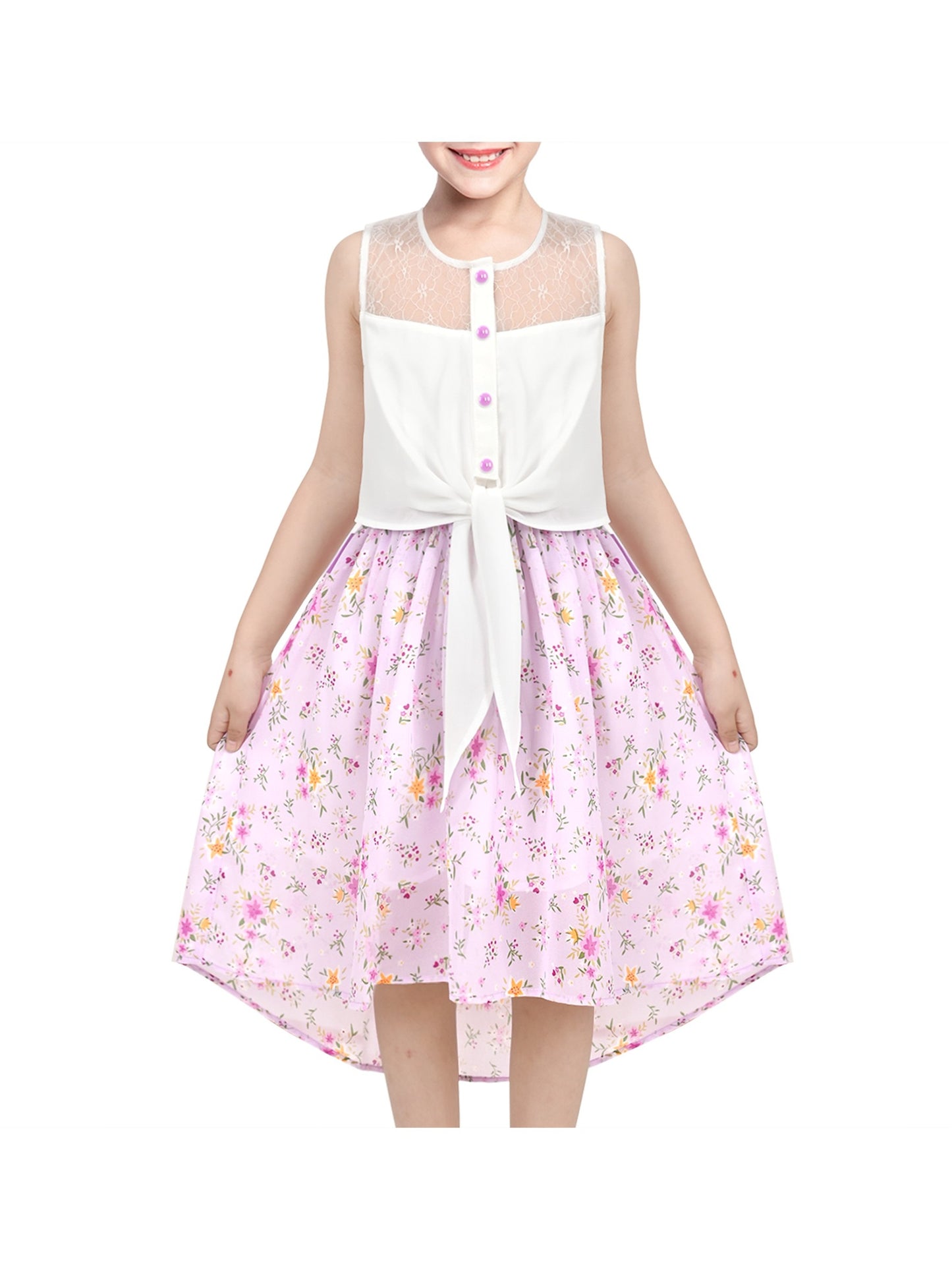 Girls Dress Lace to Chiffon Striped Black White Tied Waist Purple