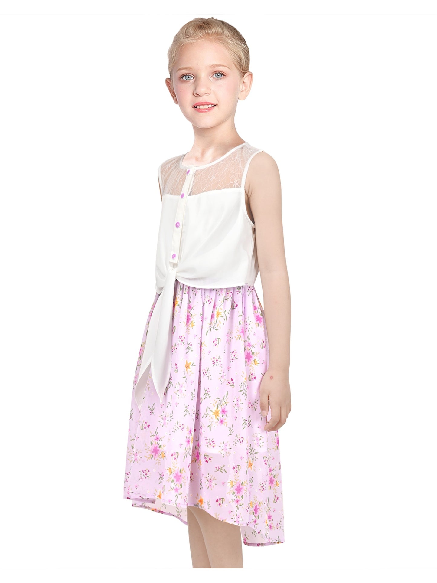 Girls Dress Lace to Chiffon Striped Black White Tied Waist Purple
