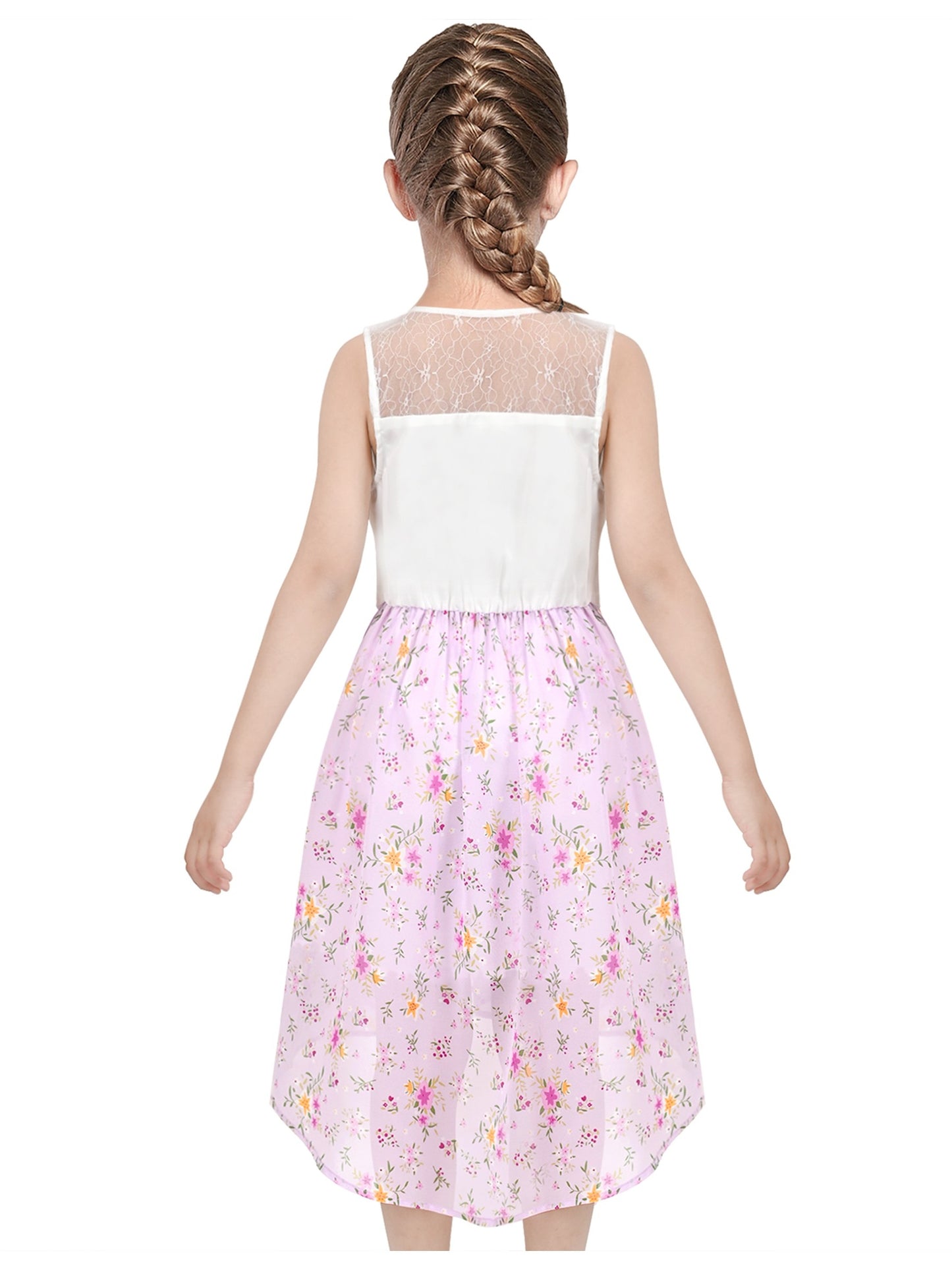 Girls Dress Lace to Chiffon Striped Black White Tied Waist Purple