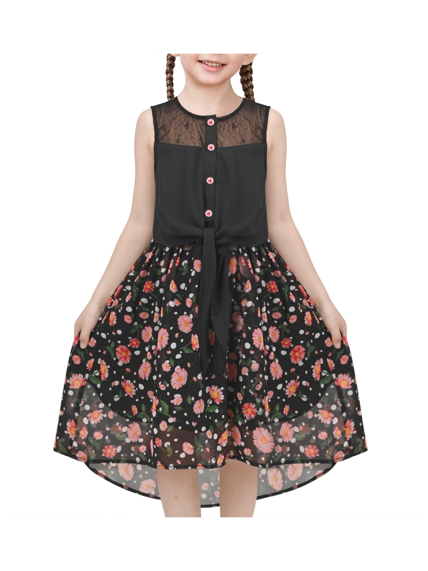 Girls Dress Lace to Chiffon Striped Black White Tied Waist Black