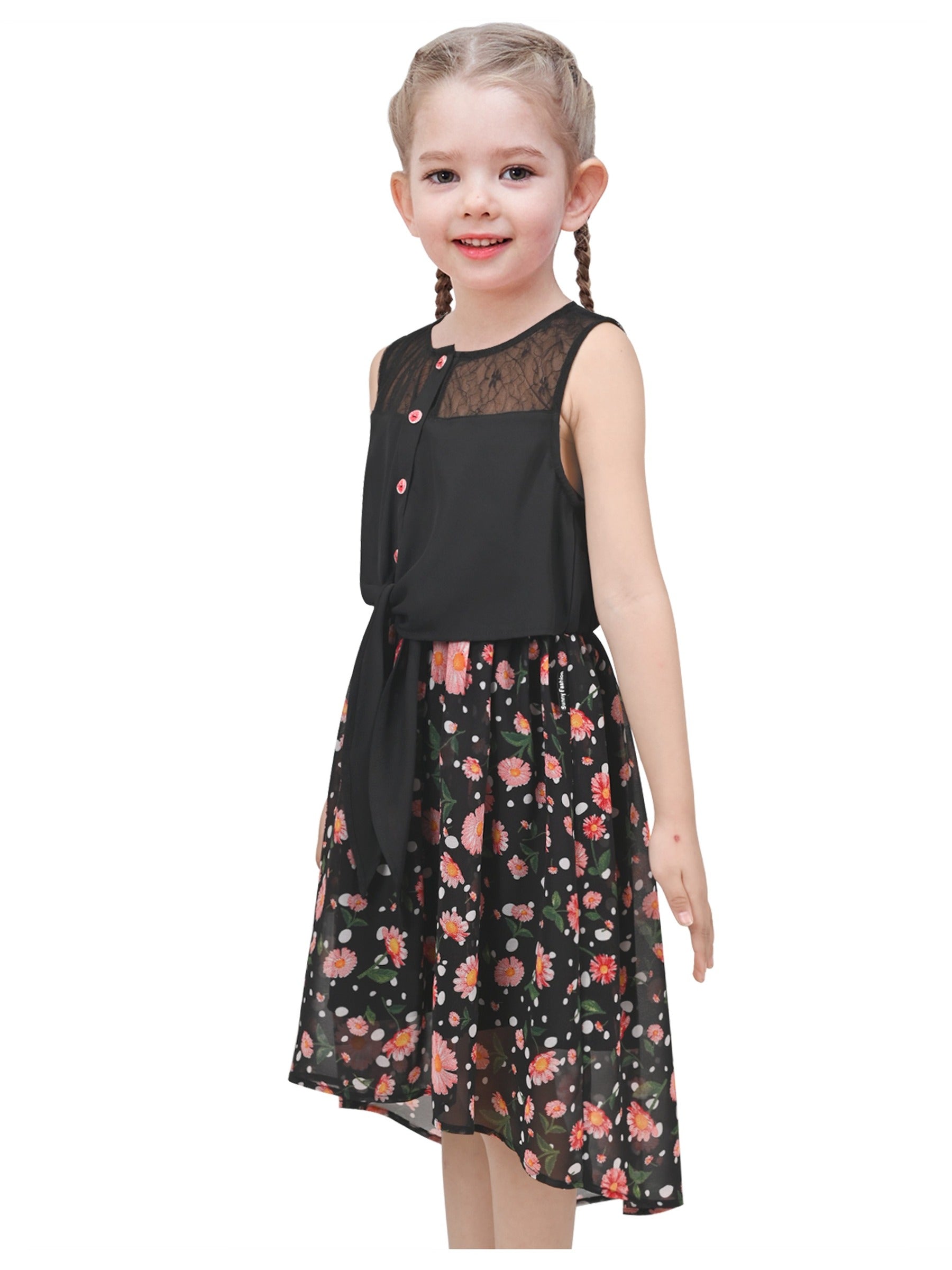 Girls Dress Lace to Chiffon Striped Black White Tied Waist Black