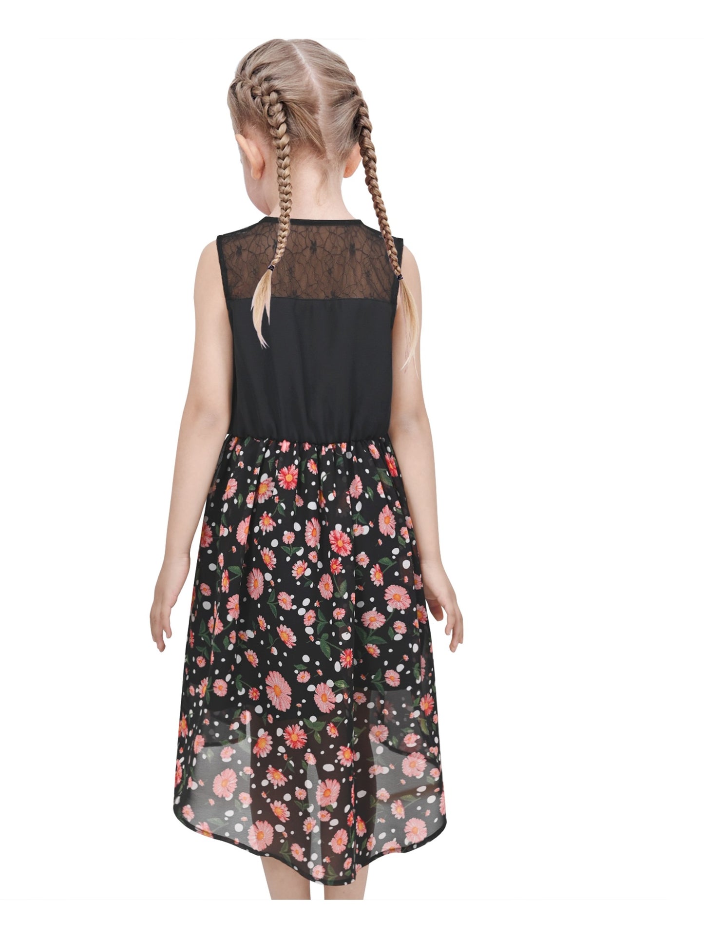 Girls Dress Lace to Chiffon Striped Black White Tied Waist Black