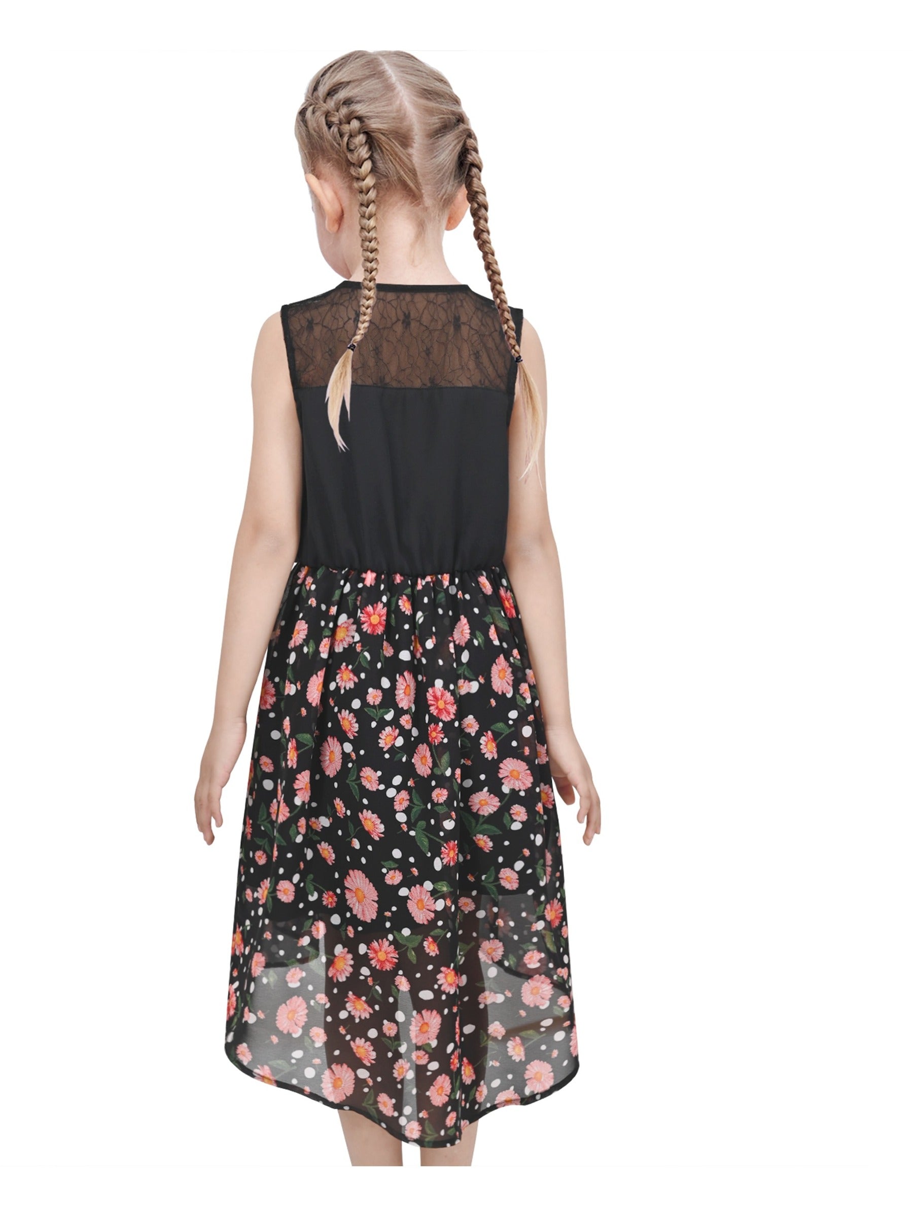 Girls Dress Lace to Chiffon Striped Black White Tied Waist Black
