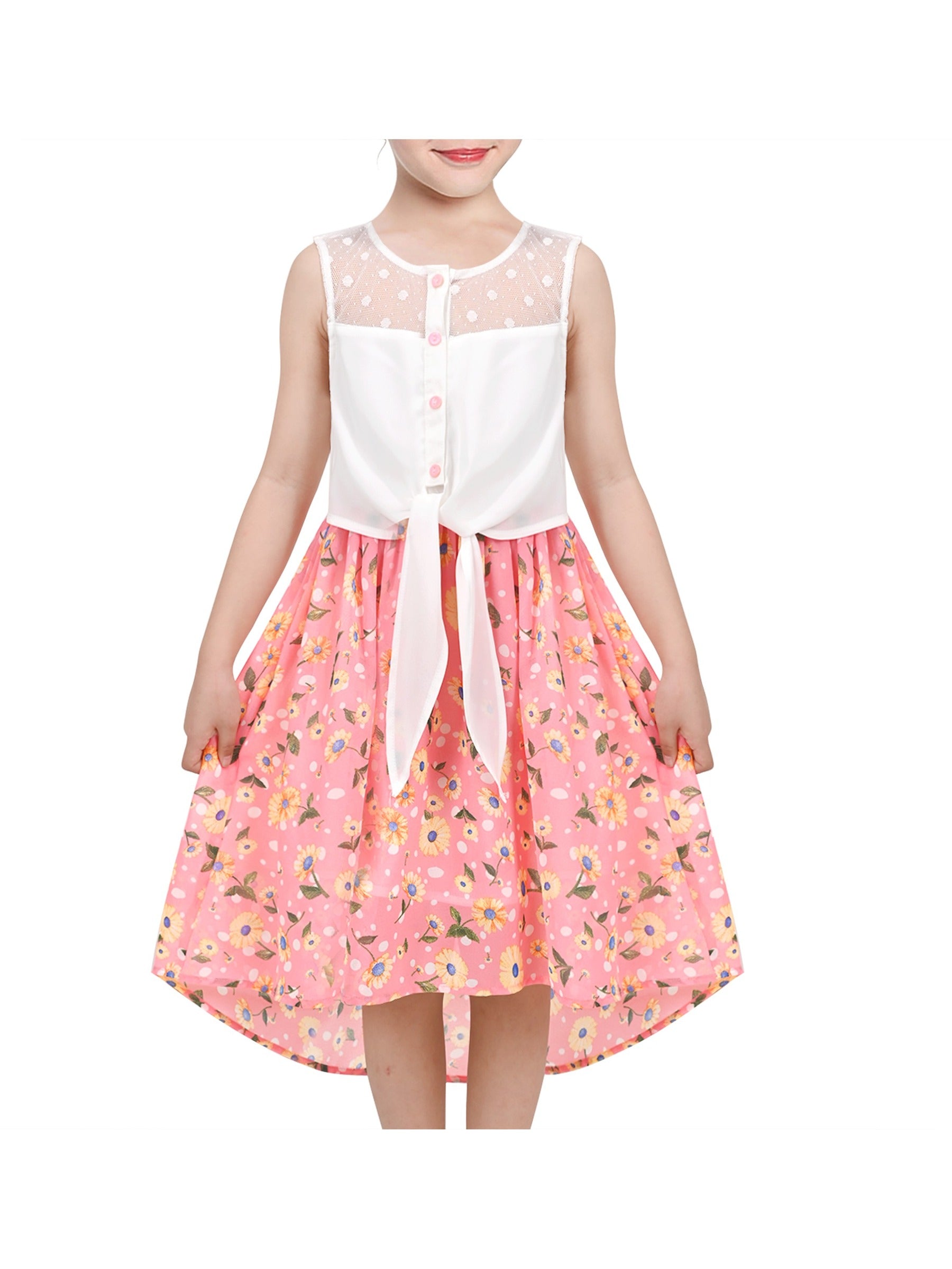 Girls Dress Lace to Chiffon Striped Black White Tied Waist Pink