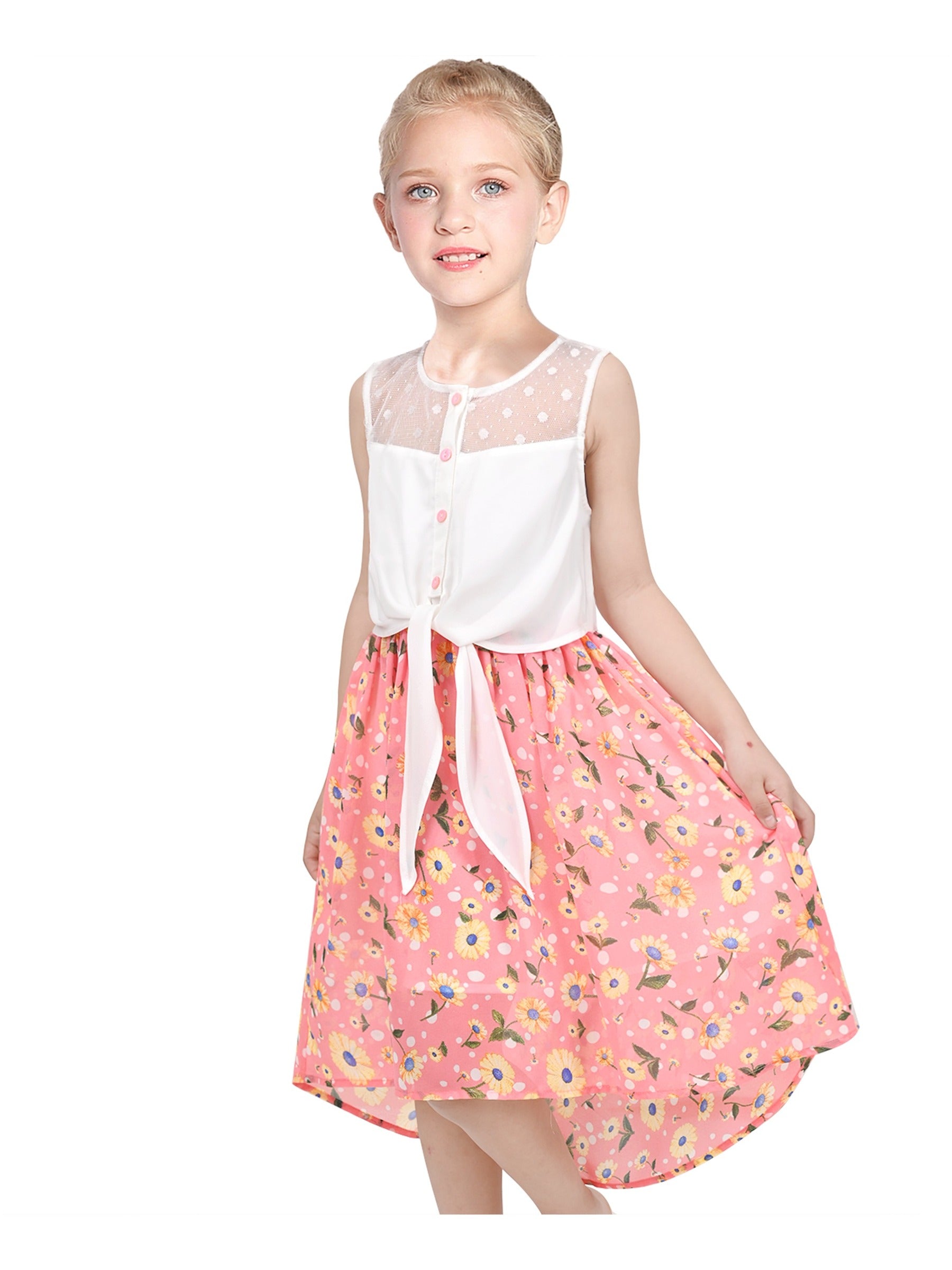 Girls Dress Lace to Chiffon Striped Black White Tied Waist Pink