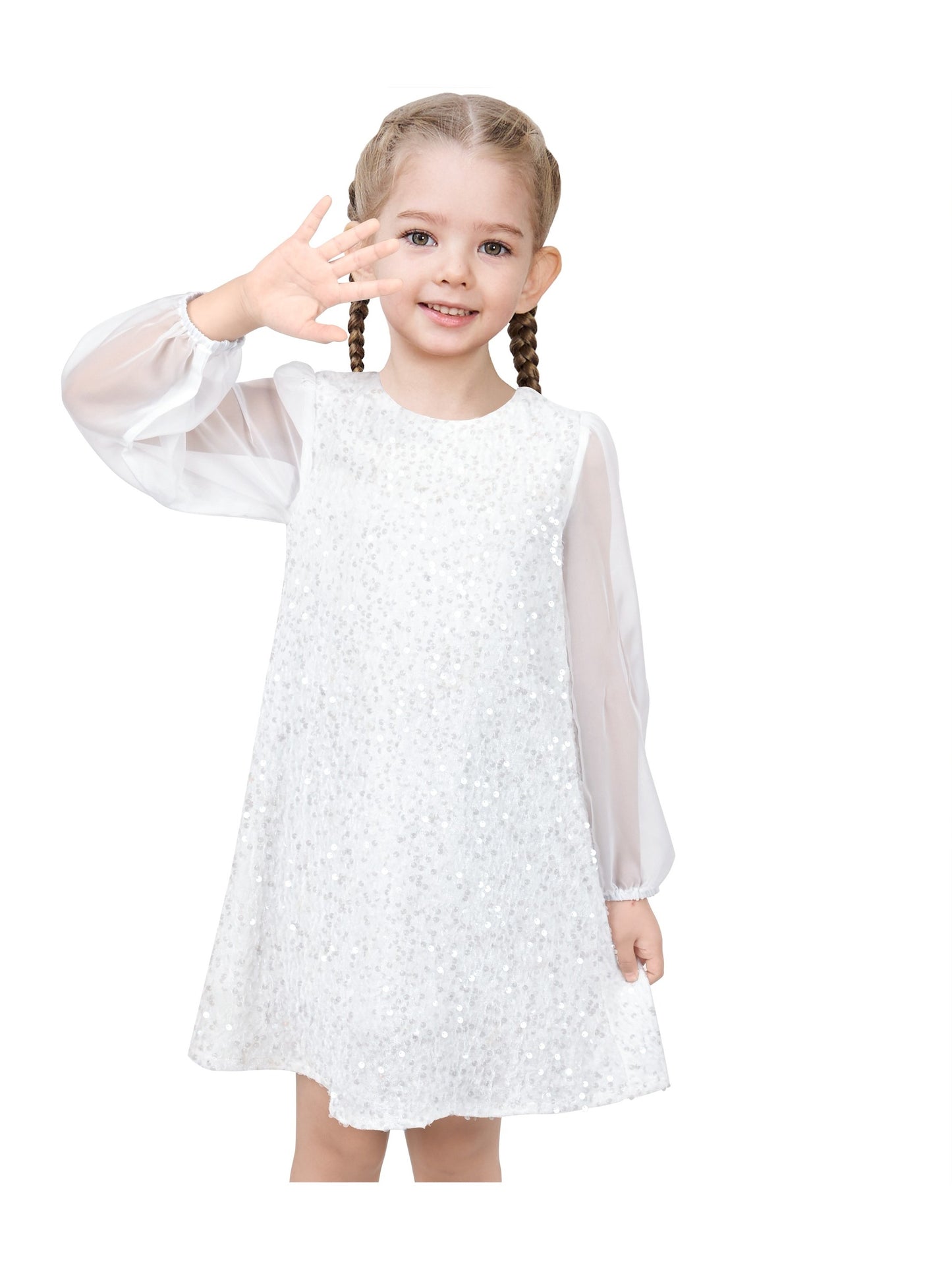 Girls Dress Black Sequin Sheer Mesh Long Sleeve Party Elegant Ball Gown White