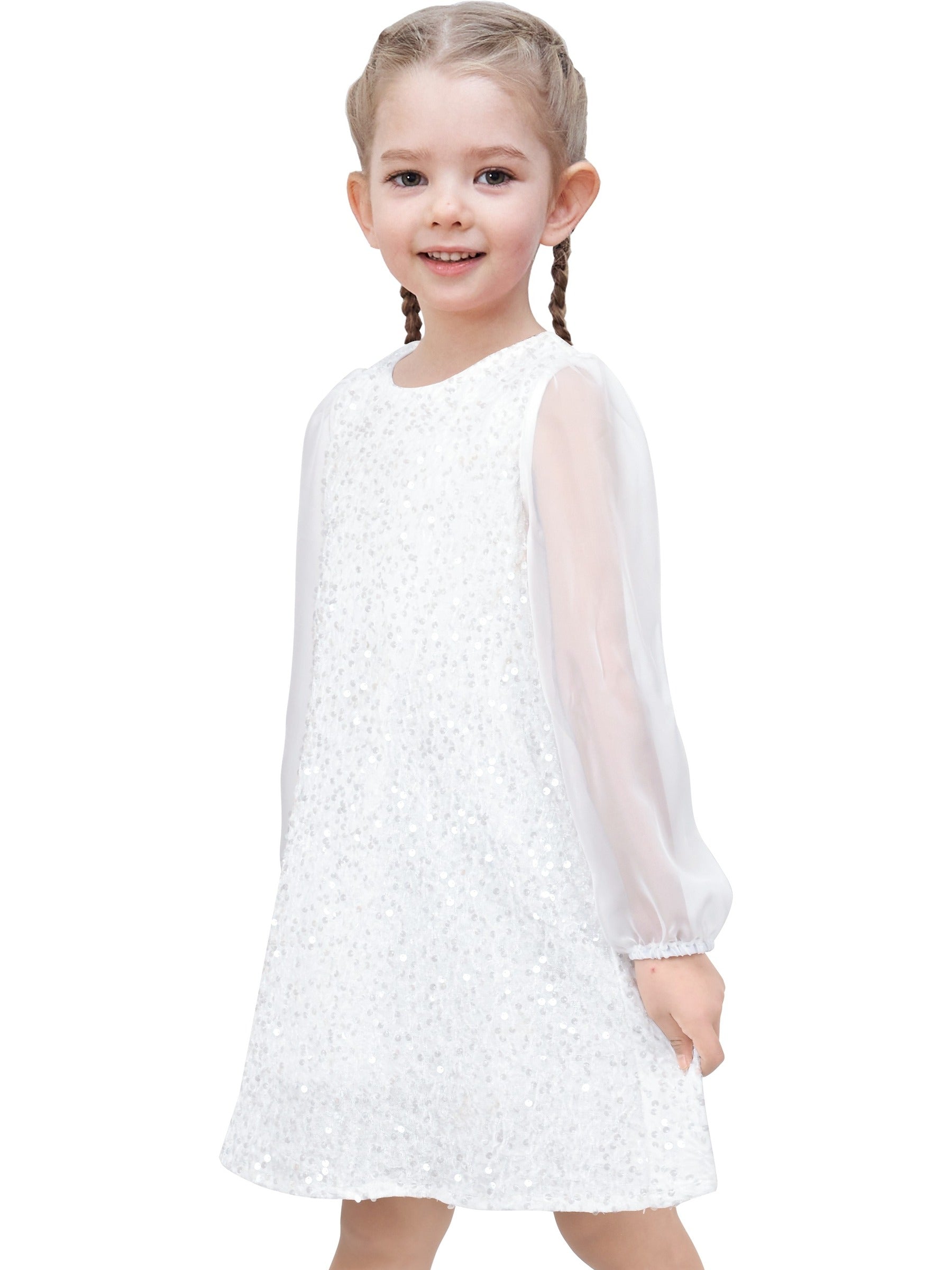 Girls Dress Black Sequin Sheer Mesh Long Sleeve Party Elegant Ball Gown White