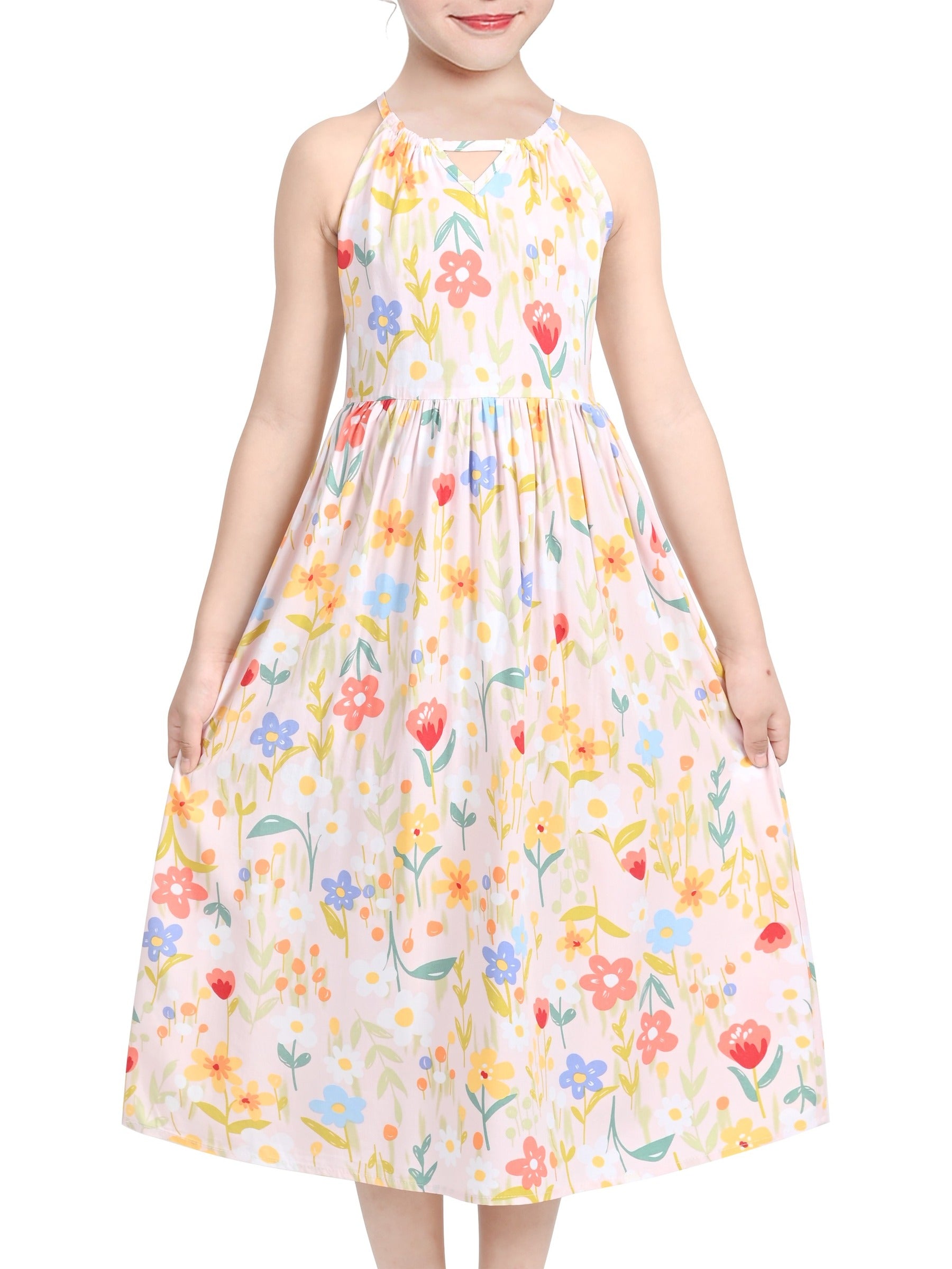 Girls Dress Tie Back Blue Butterfly Casual Dress Party Pink