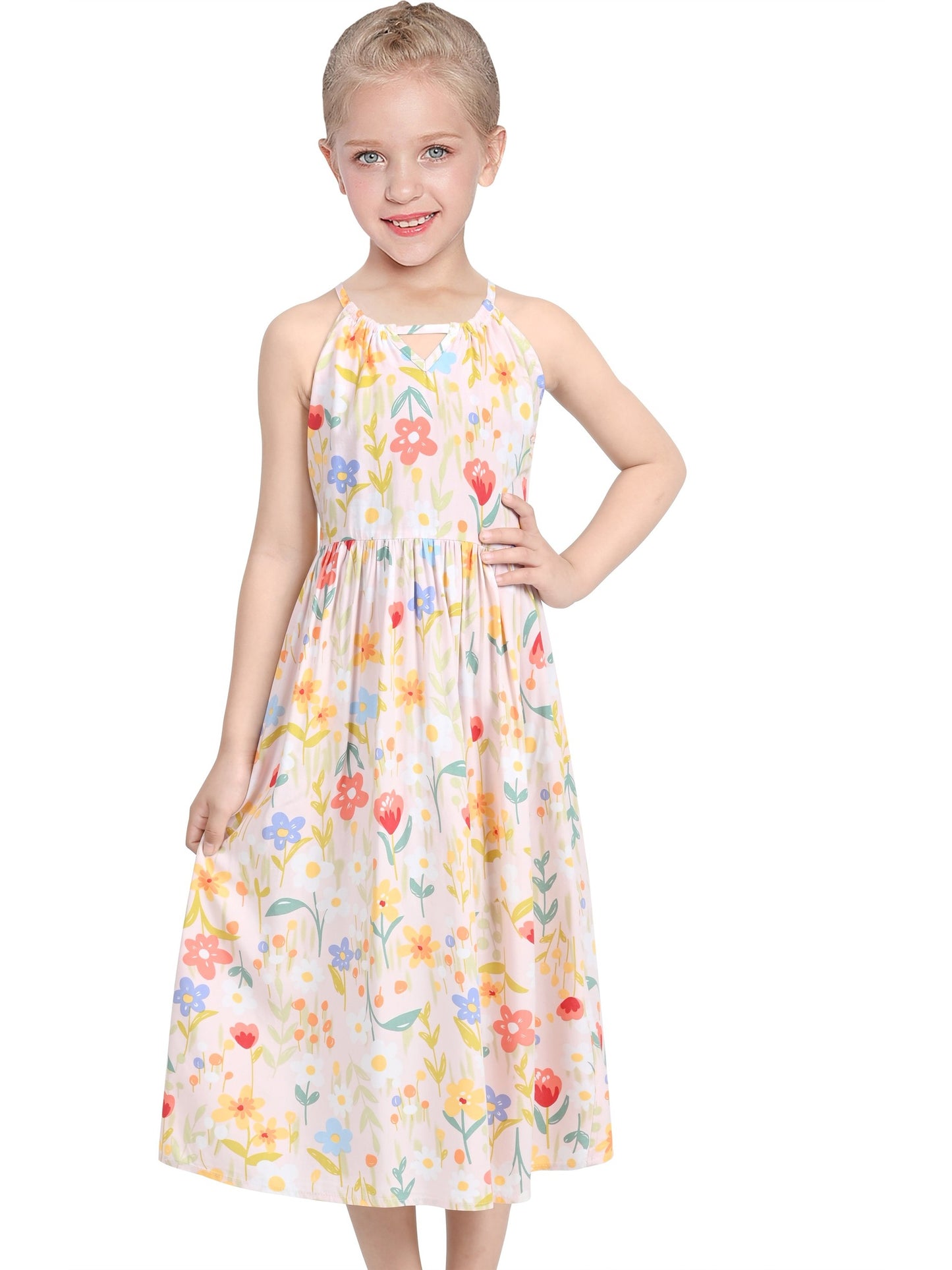 Girls Dress Tie Back Blue Butterfly Casual Dress Party Pink