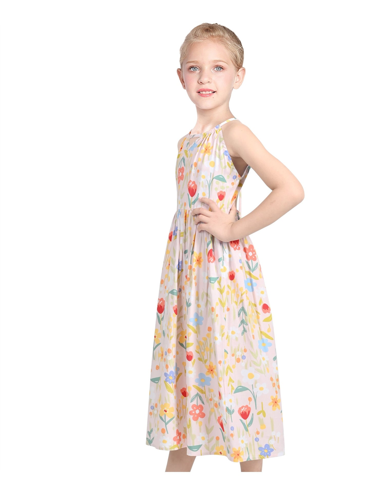Girls Dress Tie Back Blue Butterfly Casual Dress Party Pink