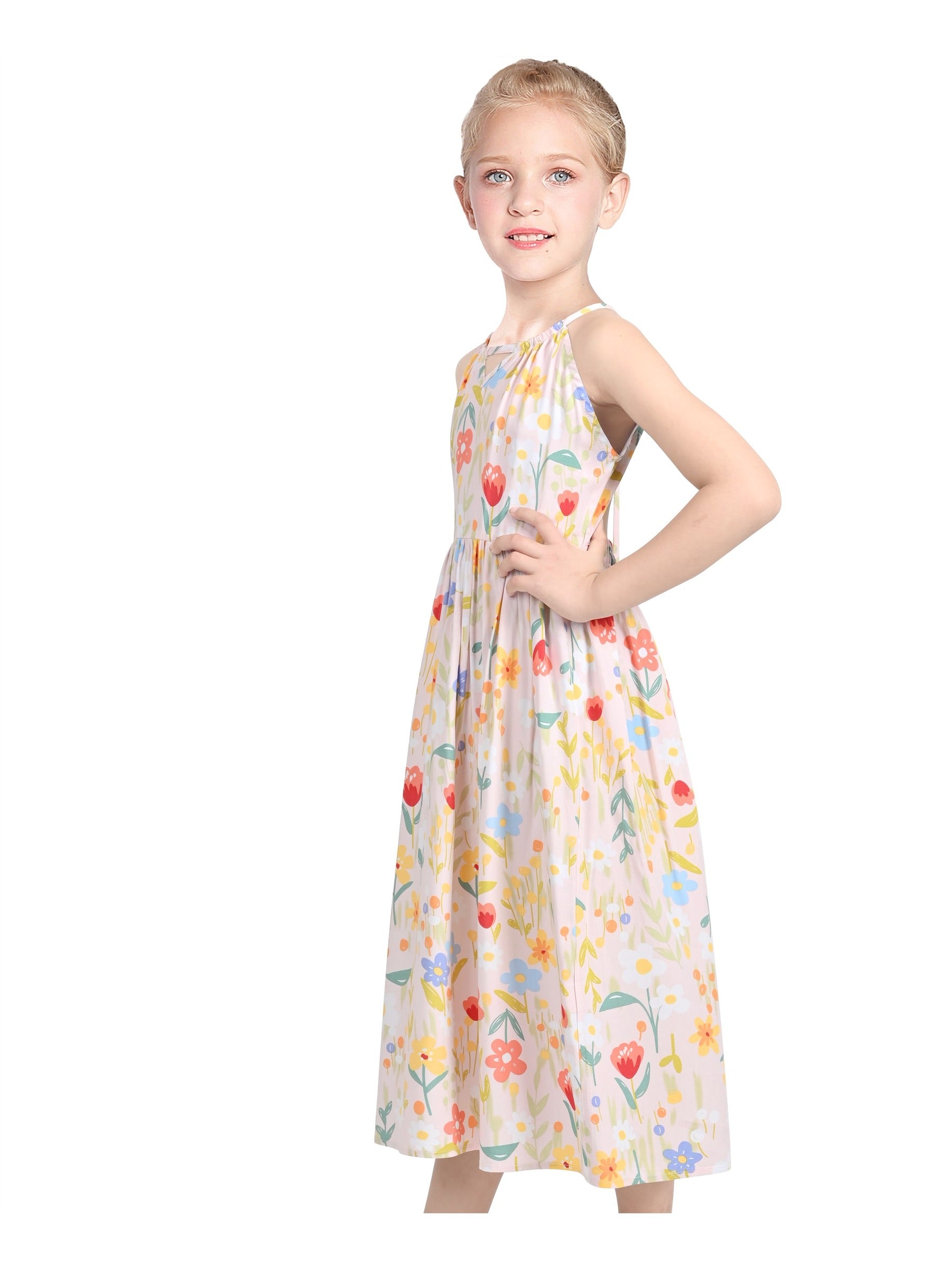 Girls Dress Tie Back Blue Butterfly Casual Dress Party Pink