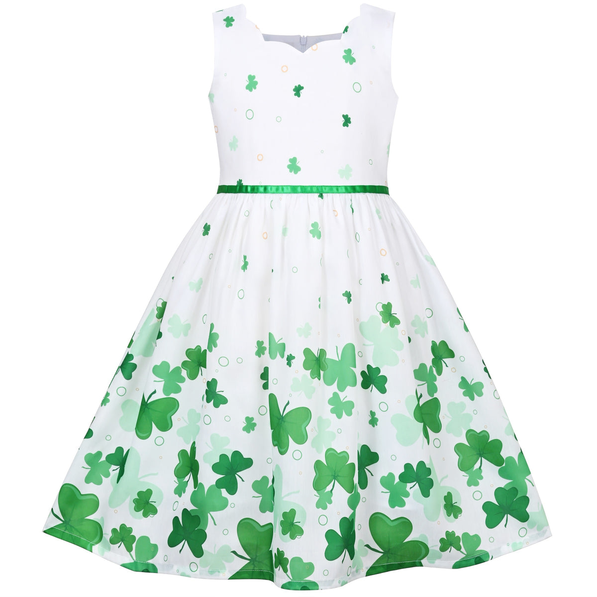 Girls Dress Embroidered Sash Blooming Flower Painting Style Blue - Green Four Leaf