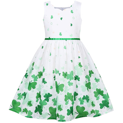 Girls Dress Embroidered Sash Blooming Flower Painting Style Blue - Green Four Leaf