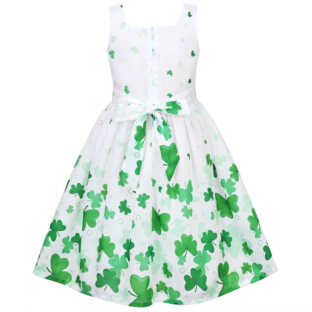 Girls Dress Embroidered Sash Blooming Flower Painting Style Blue - Green Four Leaf