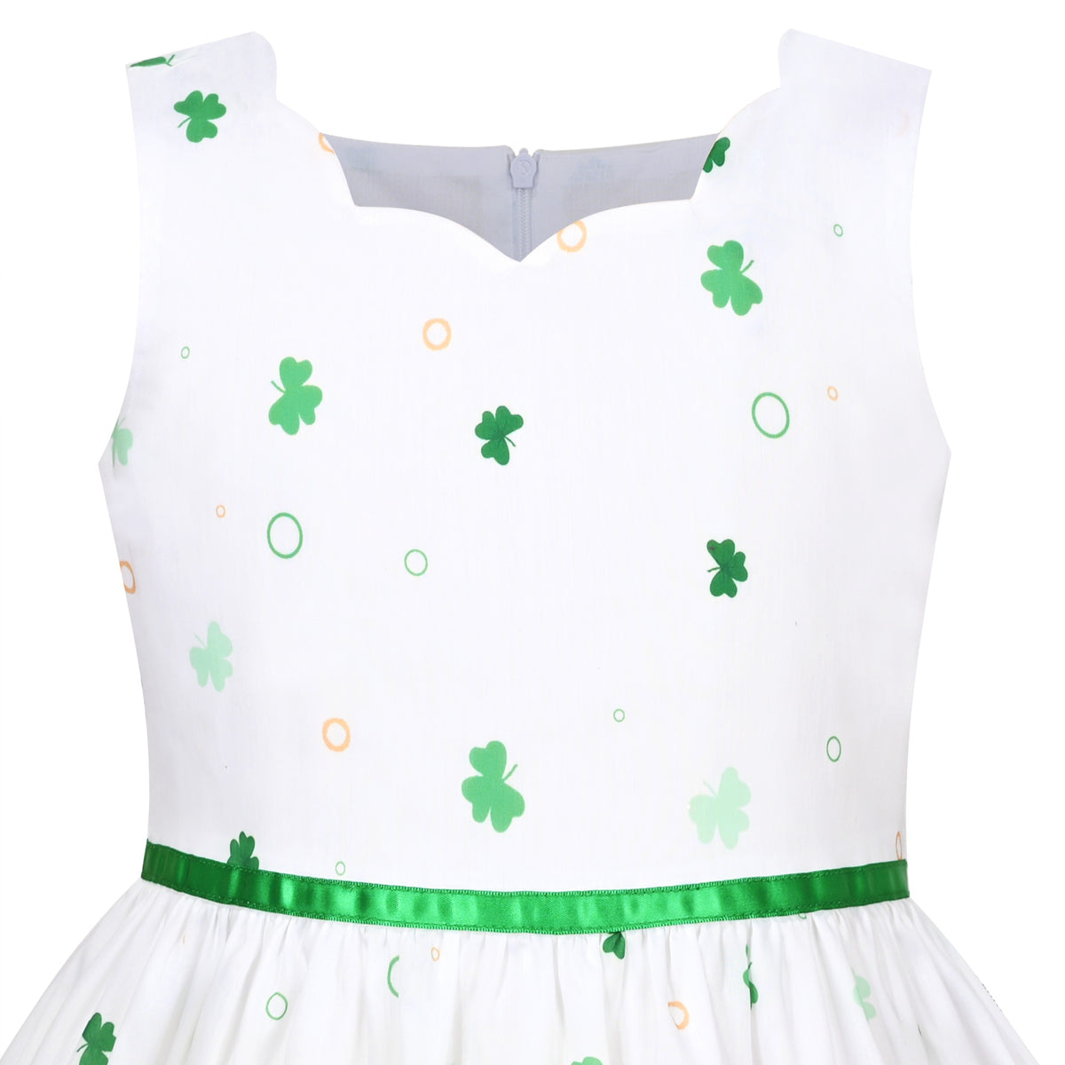 Girls Dress Embroidered Sash Blooming Flower Painting Style Blue - Green Four Leaf