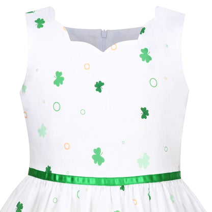 Girls Dress Embroidered Sash Blooming Flower Painting Style Blue - Green Four Leaf