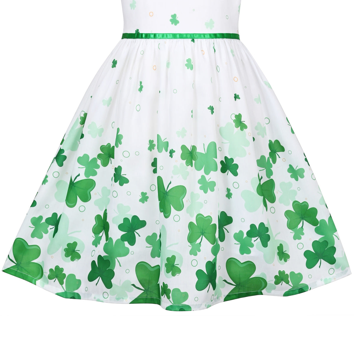 Girls Dress Embroidered Sash Blooming Flower Painting Style Blue - Green Four Leaf