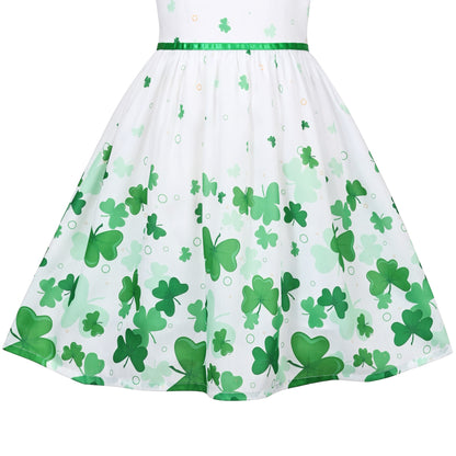 Girls Dress Embroidered Sash Blooming Flower Painting Style Blue - Green Four Leaf