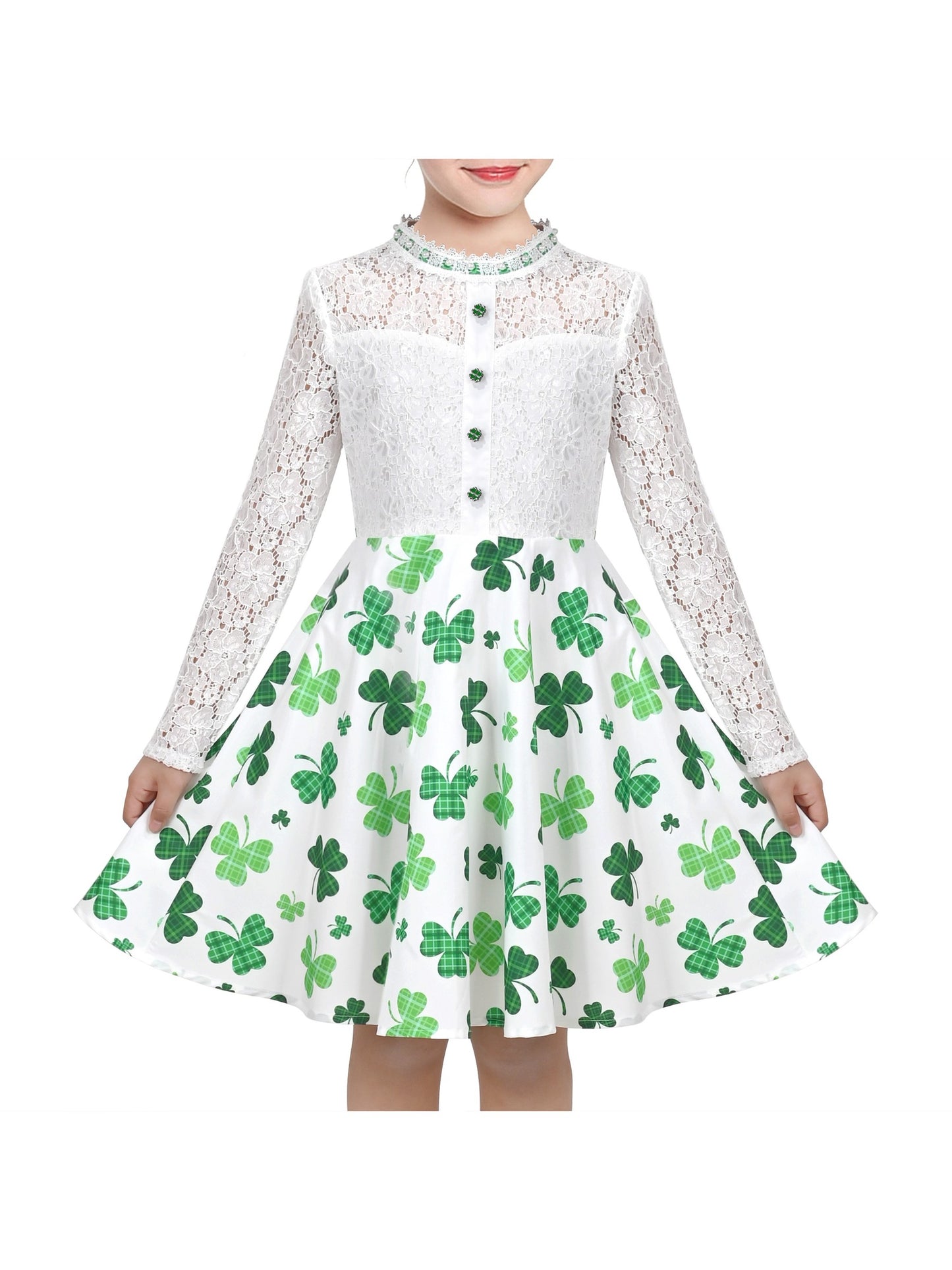 Girls Dress Lace Pearl Plum Blossom Elegant Princess Dress Green