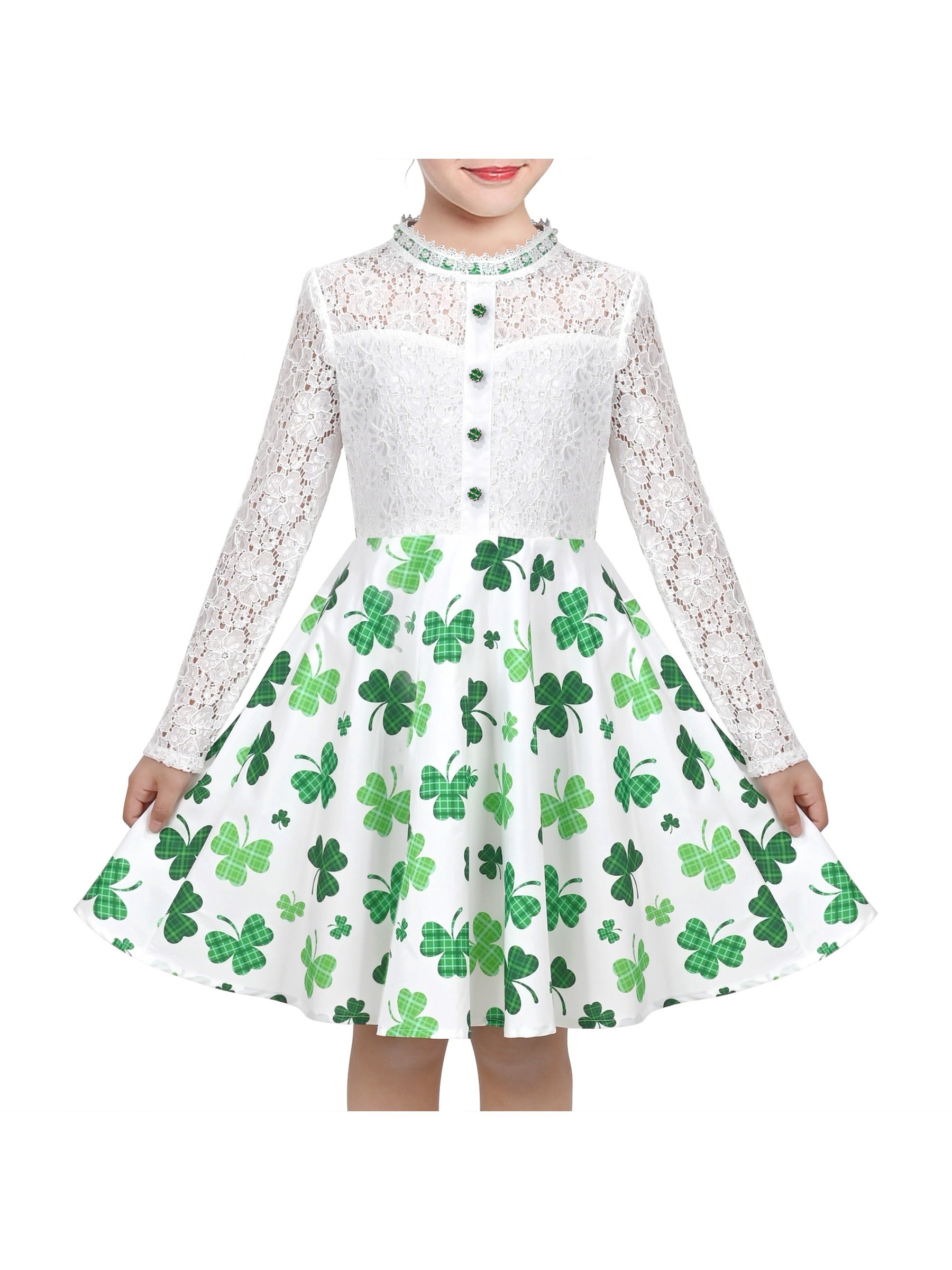 Girls Dress Lace Pearl Plum Blossom Elegant Princess Dress Green