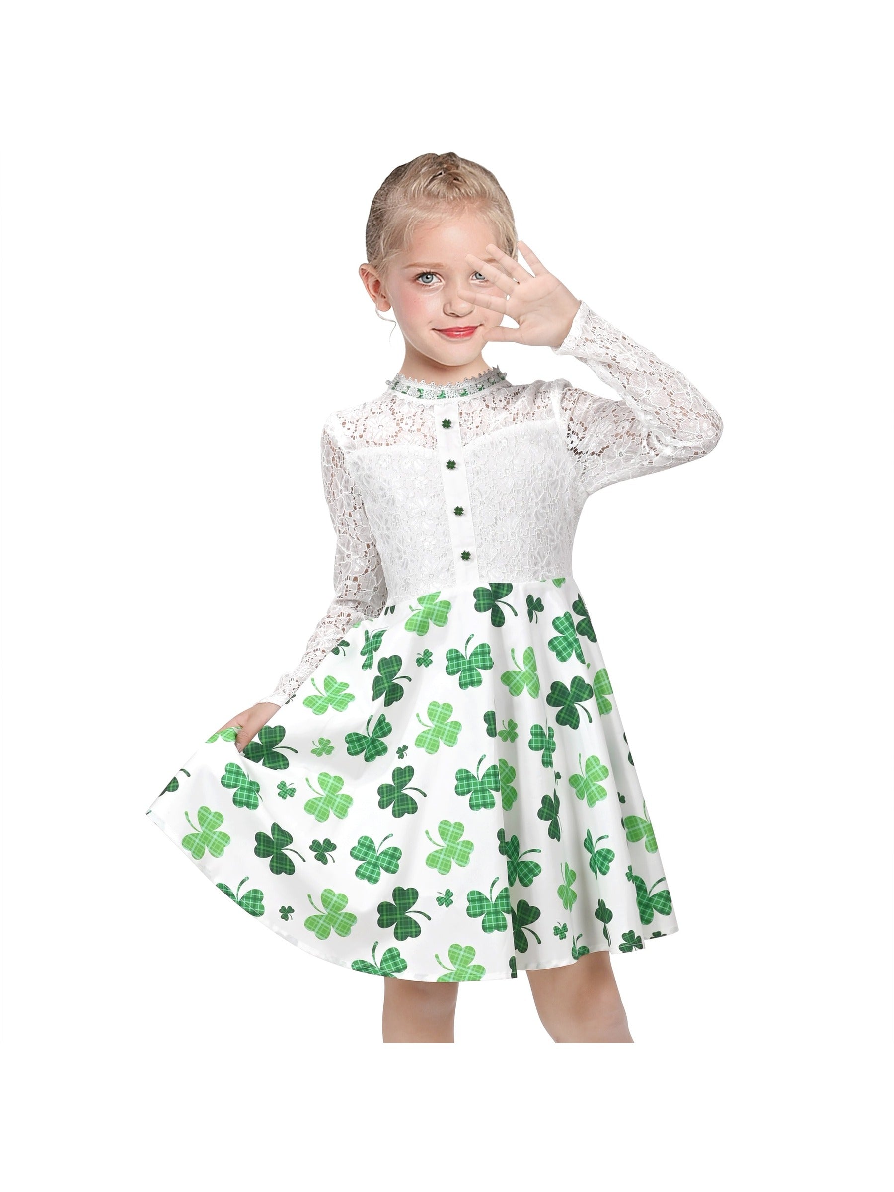 Girls Dress Lace Pearl Plum Blossom Elegant Princess Dress Green