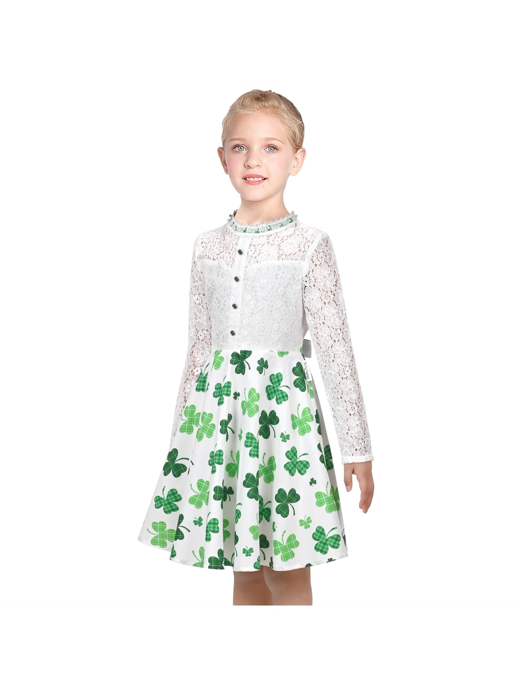 Girls Dress Lace Pearl Plum Blossom Elegant Princess Dress Green