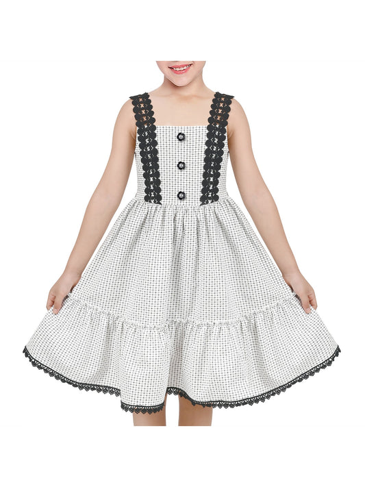Girls Dress Blue Plaid 1950s Retro Strap Sleeveless Princess Casual Black