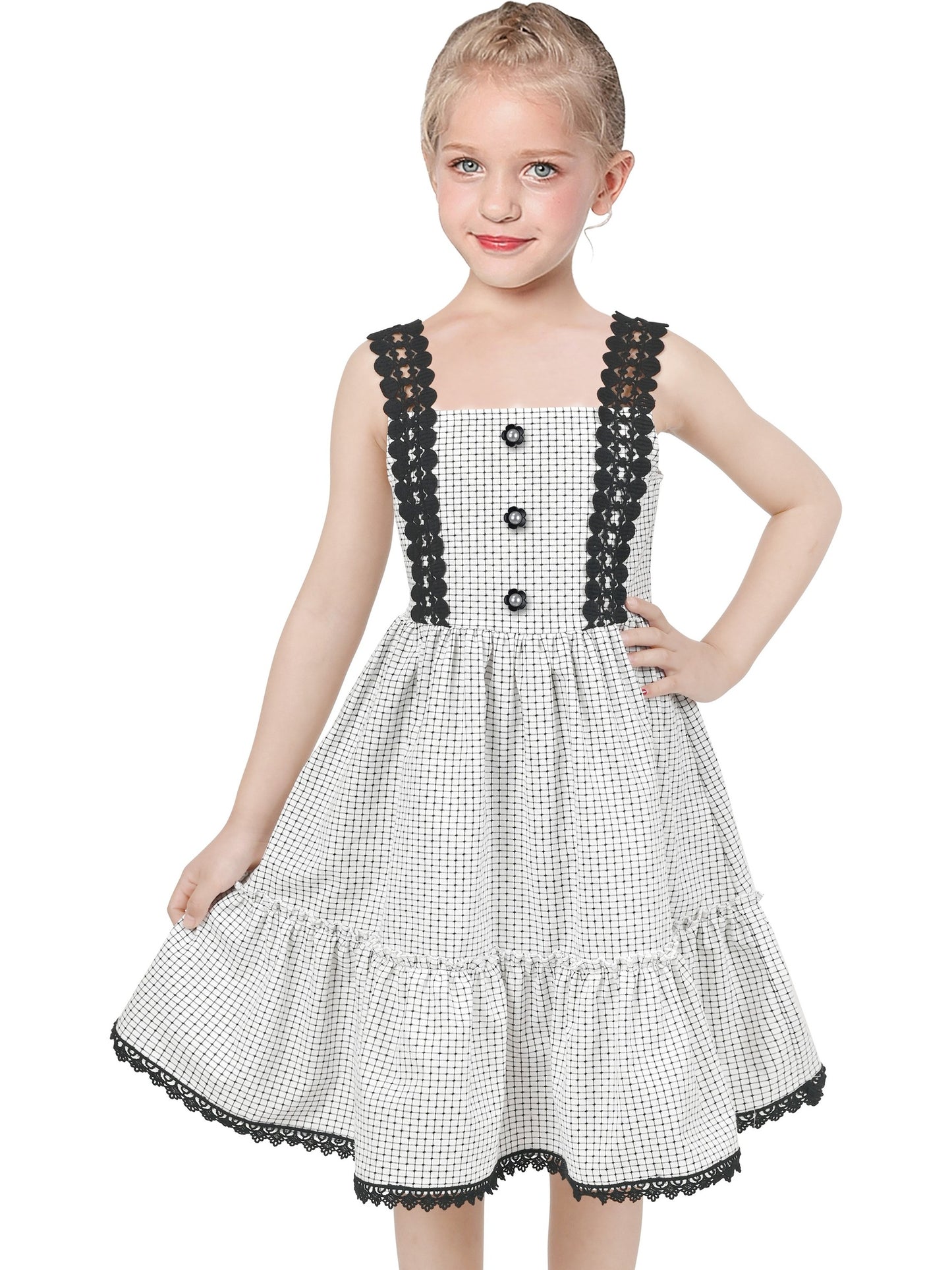 Girls Dress Blue Plaid 1950s Retro Strap Sleeveless Princess Casual Black