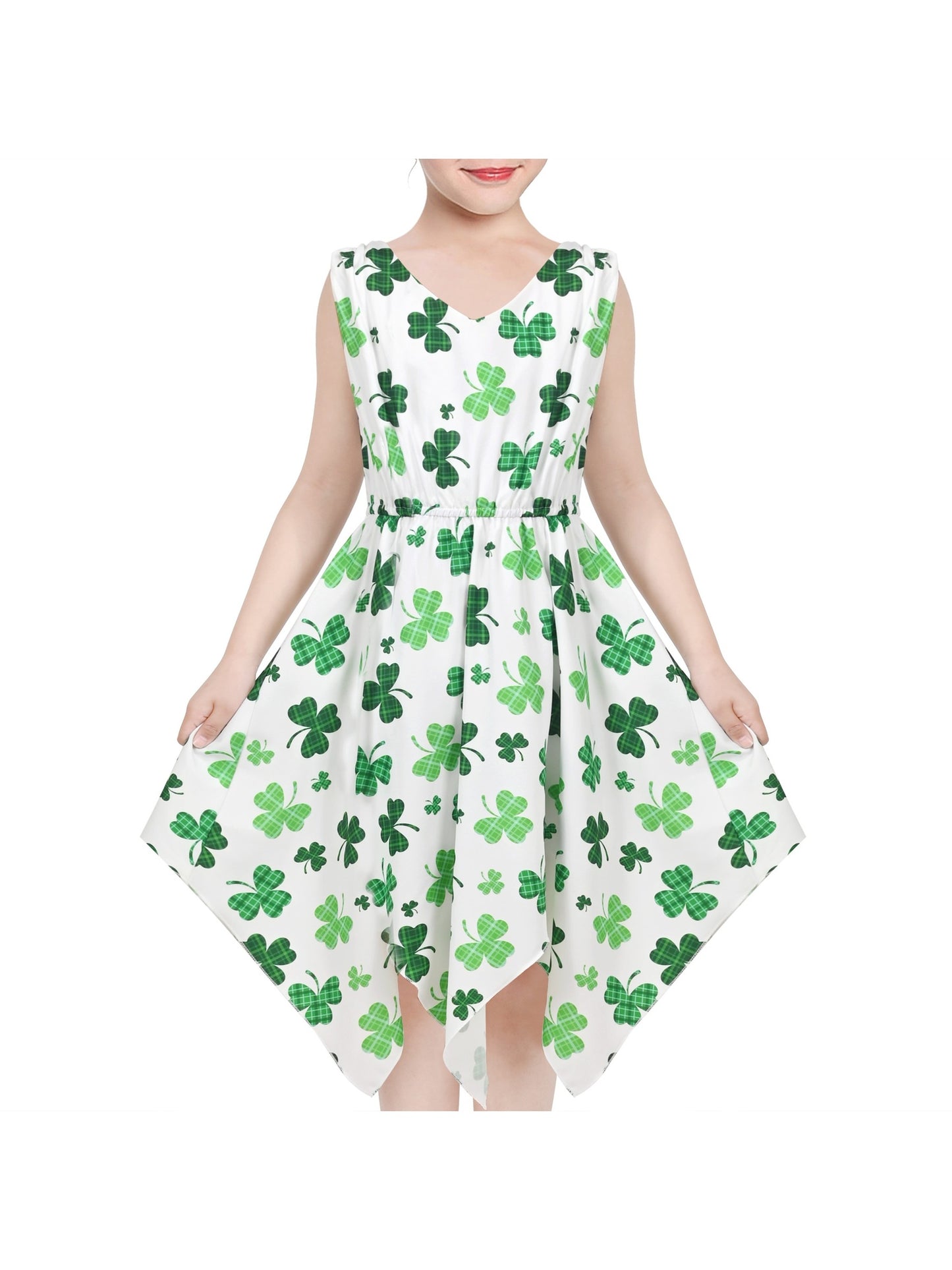 Girls Dress Sunflower Butterfly Hanky Hem Party Beach Necklace Sundress Green