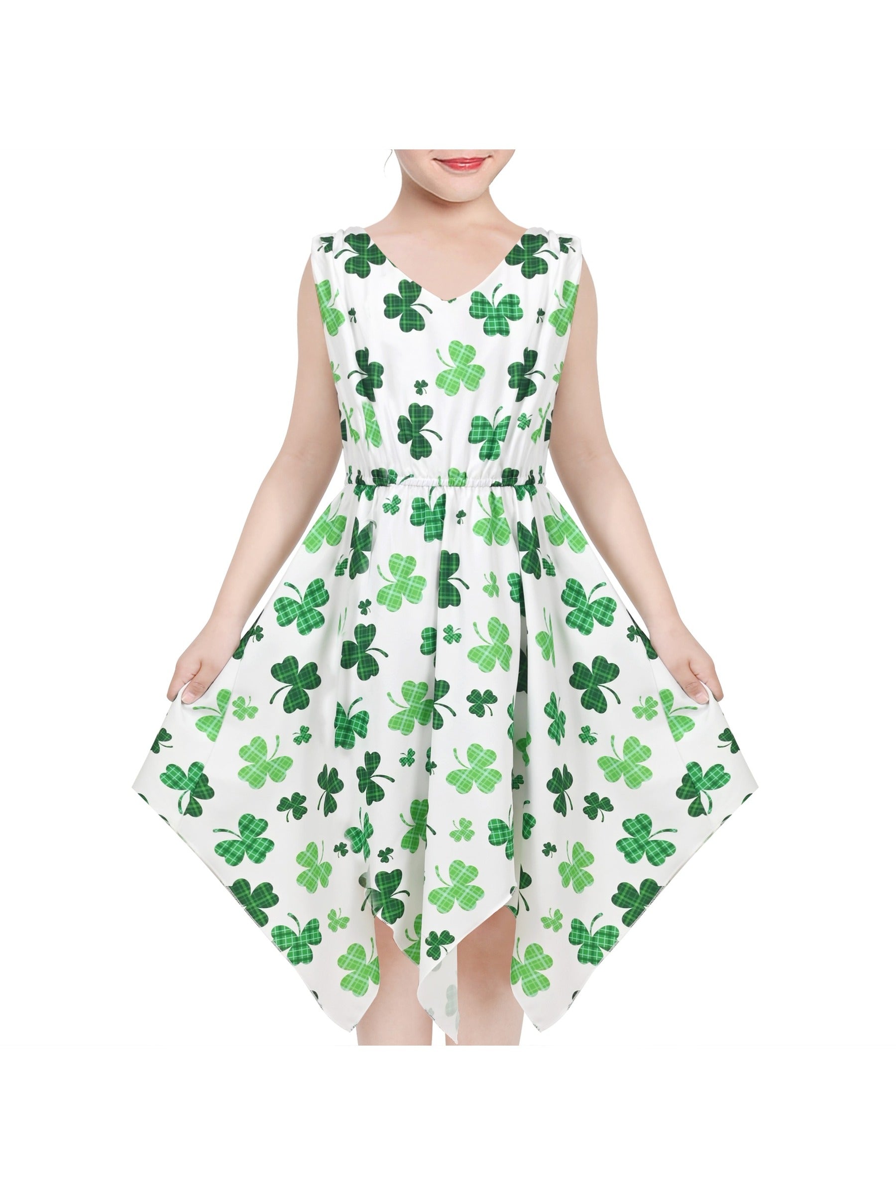 Girls Dress Sunflower Butterfly Hanky Hem Party Beach Necklace Sundress Green