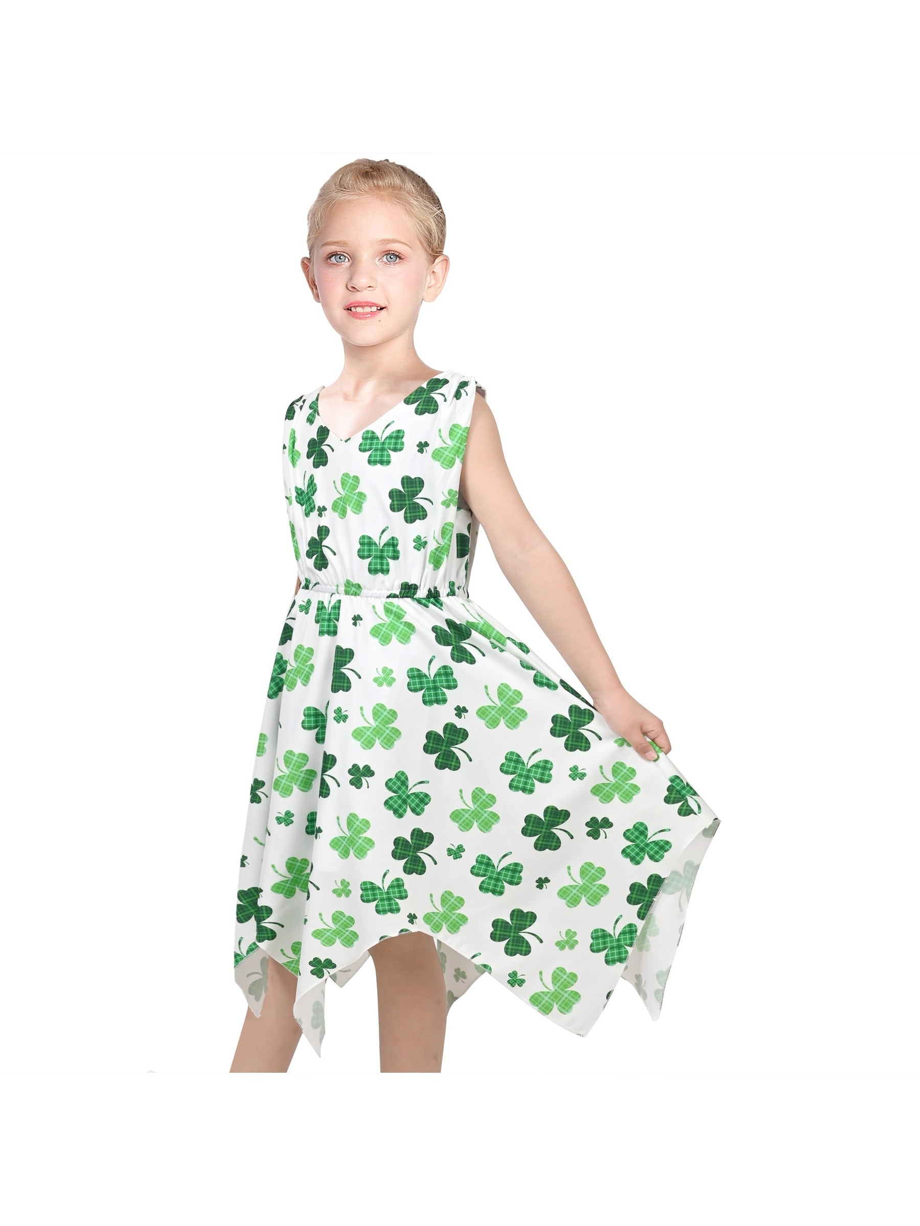 Girls Dress Sunflower Butterfly Hanky Hem Party Beach Necklace Sundress Green